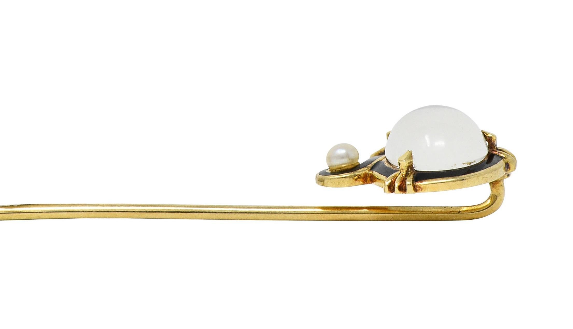 Victorian Moonstone Pearl Enamel 18 Karat Gold Antique Stickpin For Sale 4