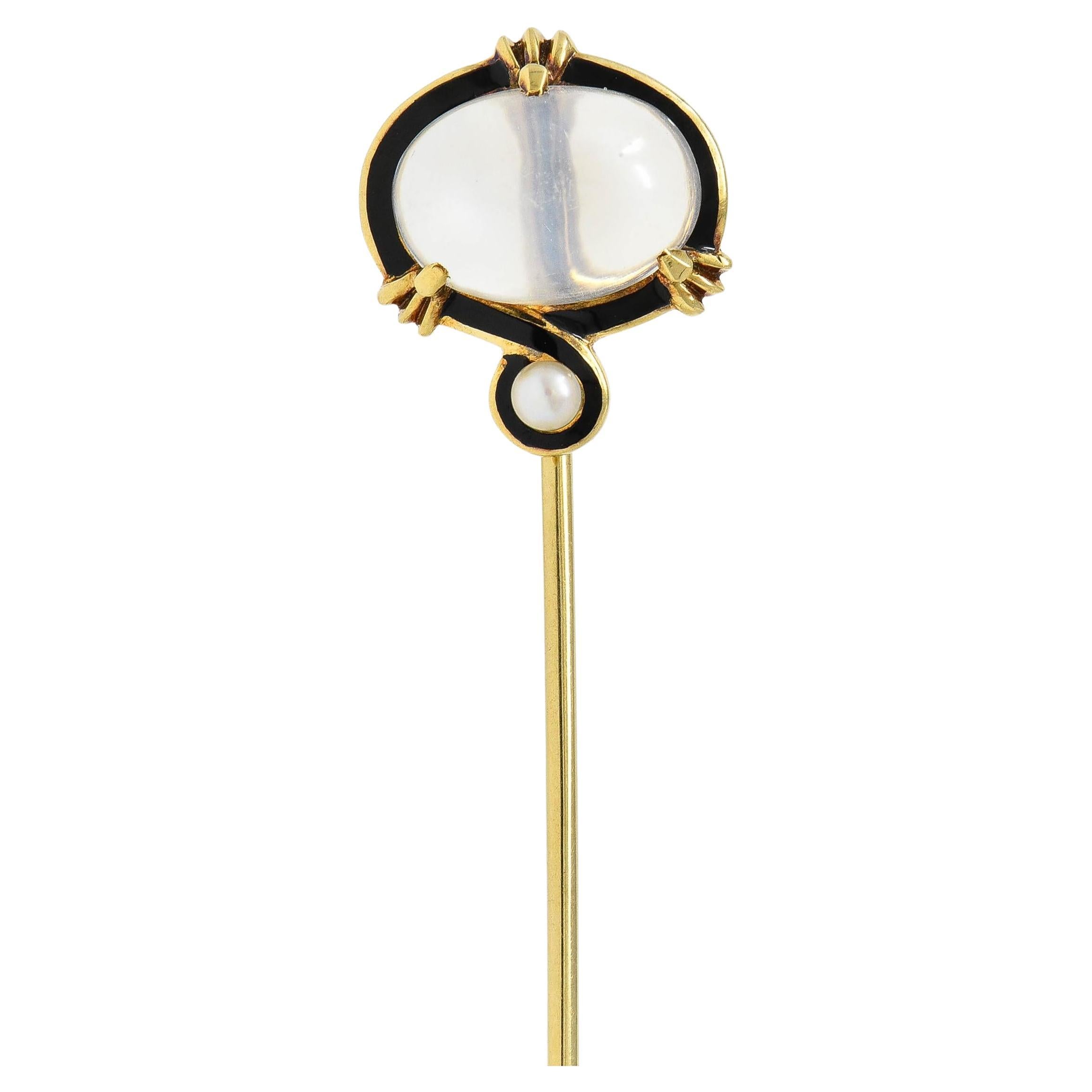Victorian Moonstone Pearl Enamel 18 Karat Gold Antique Stickpin For Sale