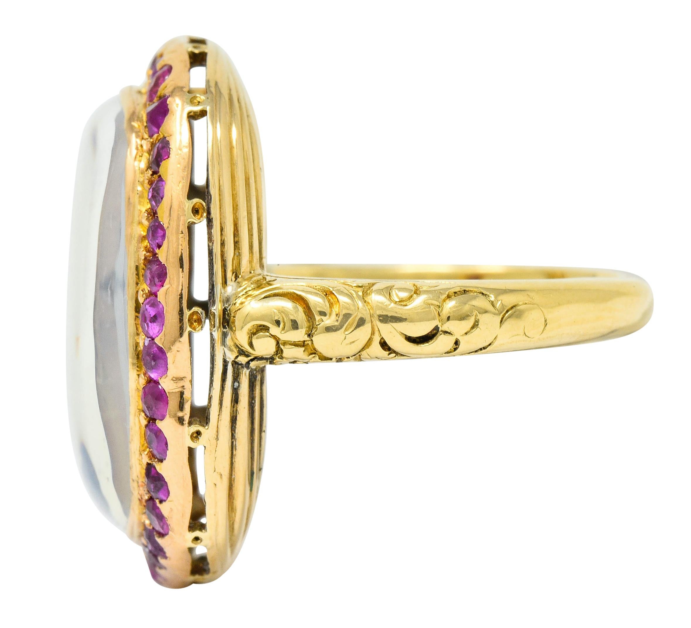 Women's or Men's Victorian Moonstone Ruby 18 Karat Gold Cushion Cabochon Ring