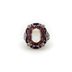 Victorian Moonstone Ruby Diamond and Enameled 14K Gold Ring