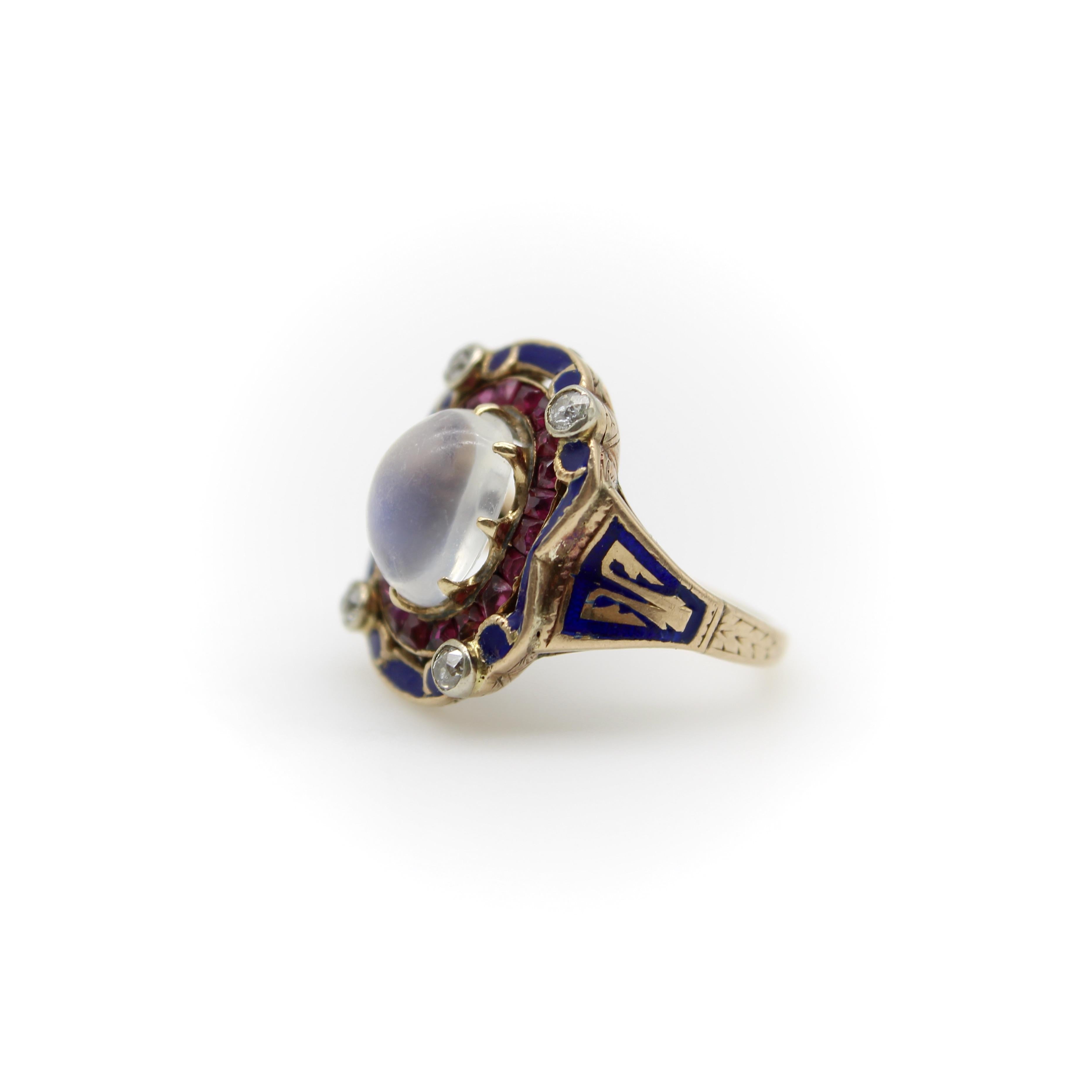 Vittoriano Anello vittoriano con pietra di luna, diamante e diamante smaltato in oro 14 carati in vendita