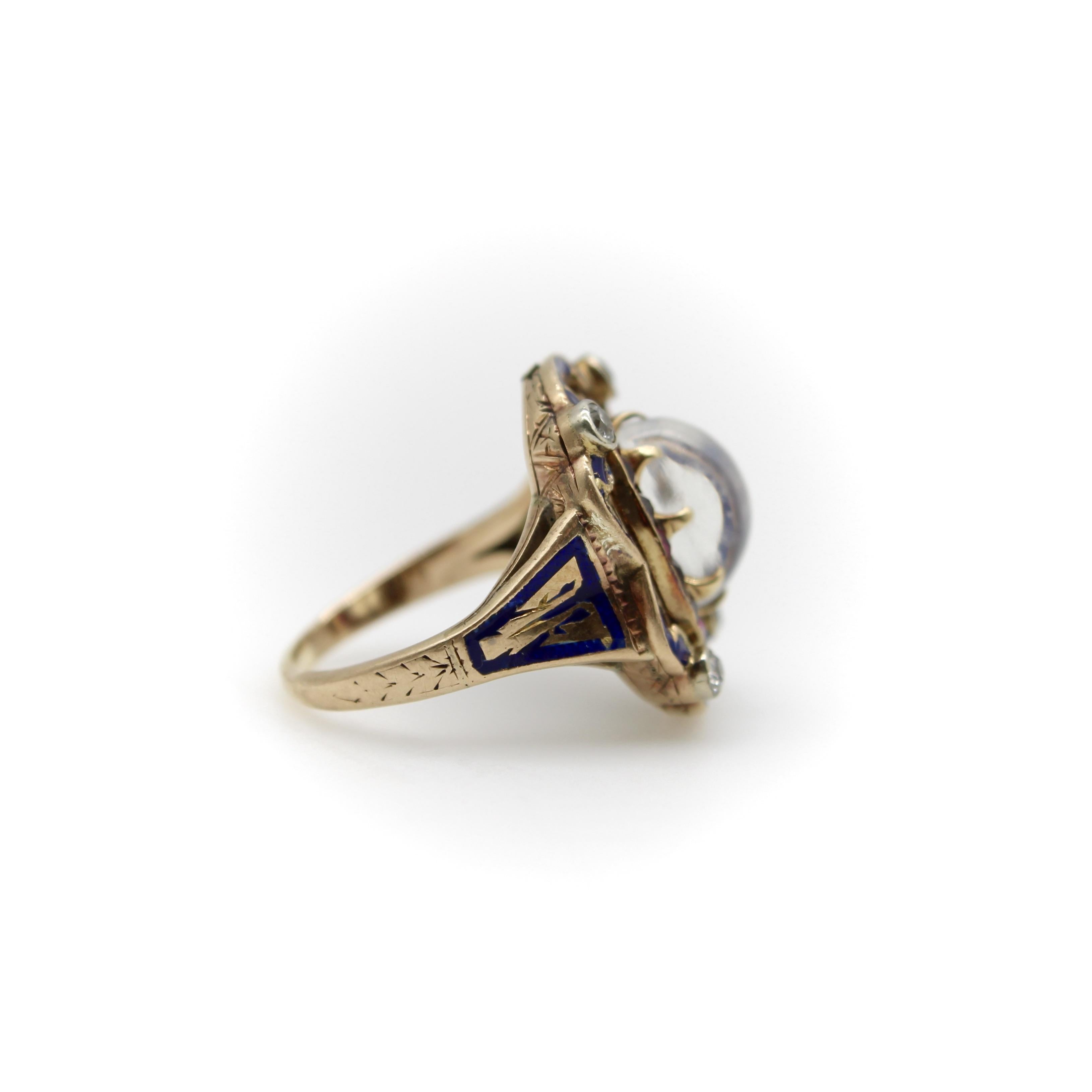 da uomo o donna Anello vittoriano con pietra di luna, diamante e diamante smaltato in oro 14 carati in vendita