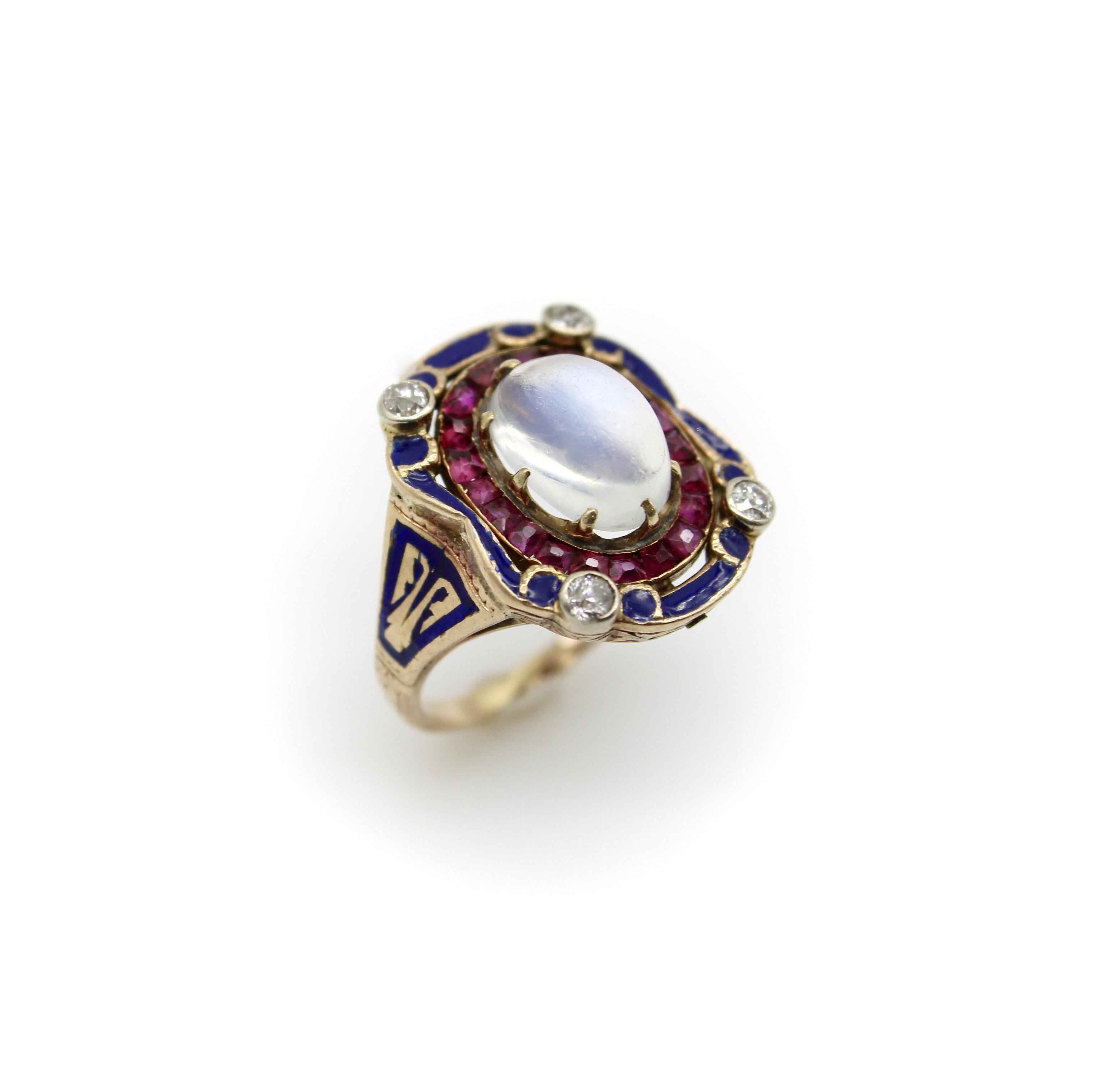 Anello vittoriano con pietra di luna, diamante e diamante smaltato in oro 14 carati in vendita 1