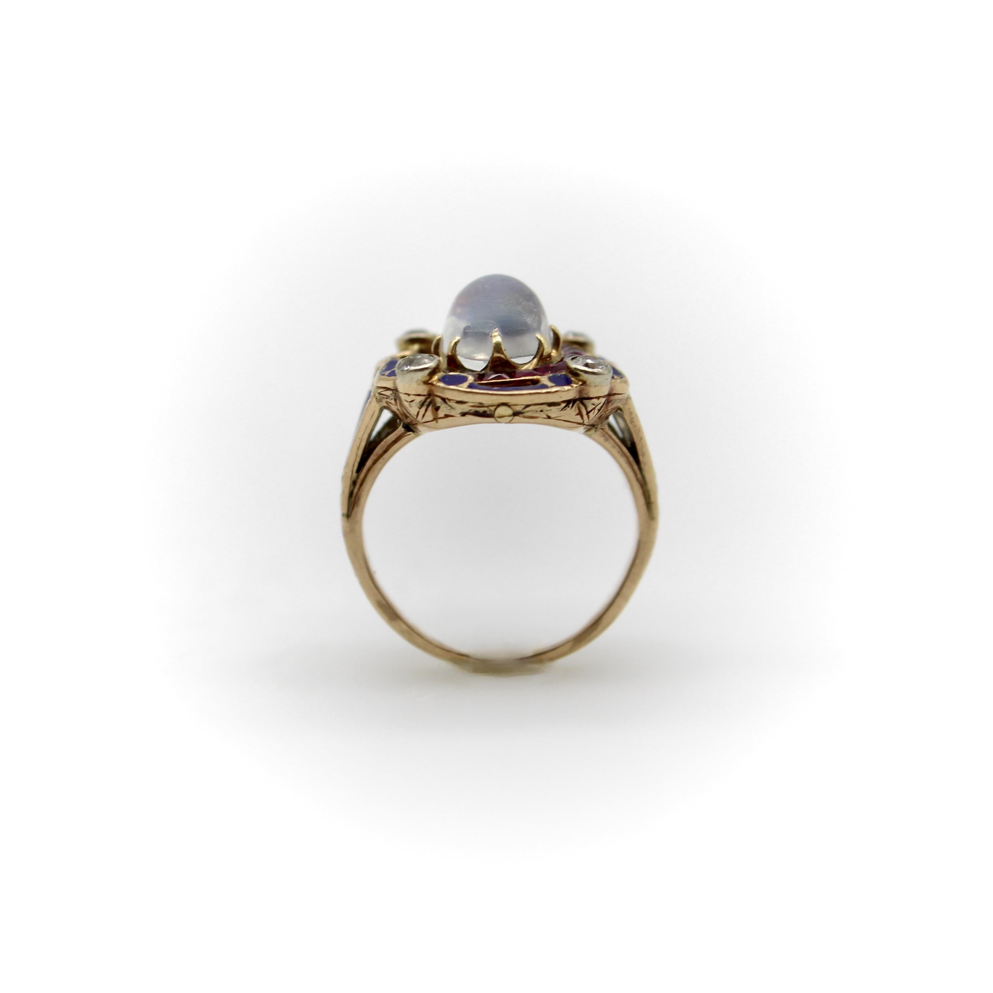 Anello vittoriano con pietra di luna, diamante e diamante smaltato in oro 14 carati in vendita 3