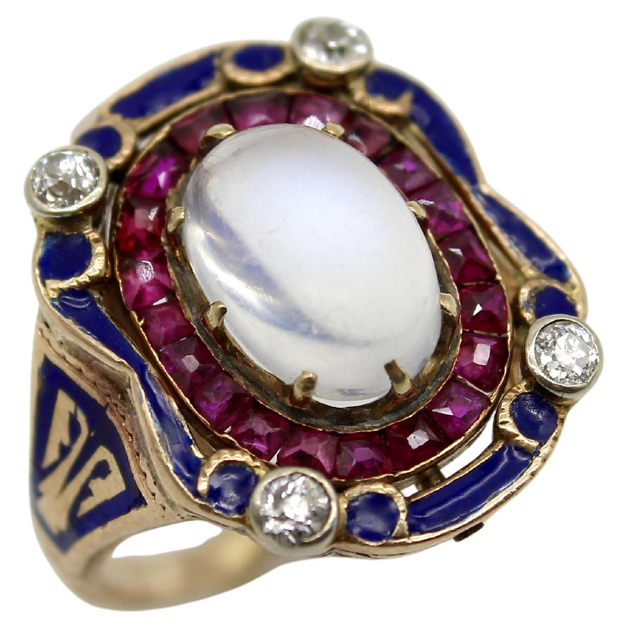 Anello vittoriano con pietra di luna, diamante e diamante smaltato in oro 14 carati