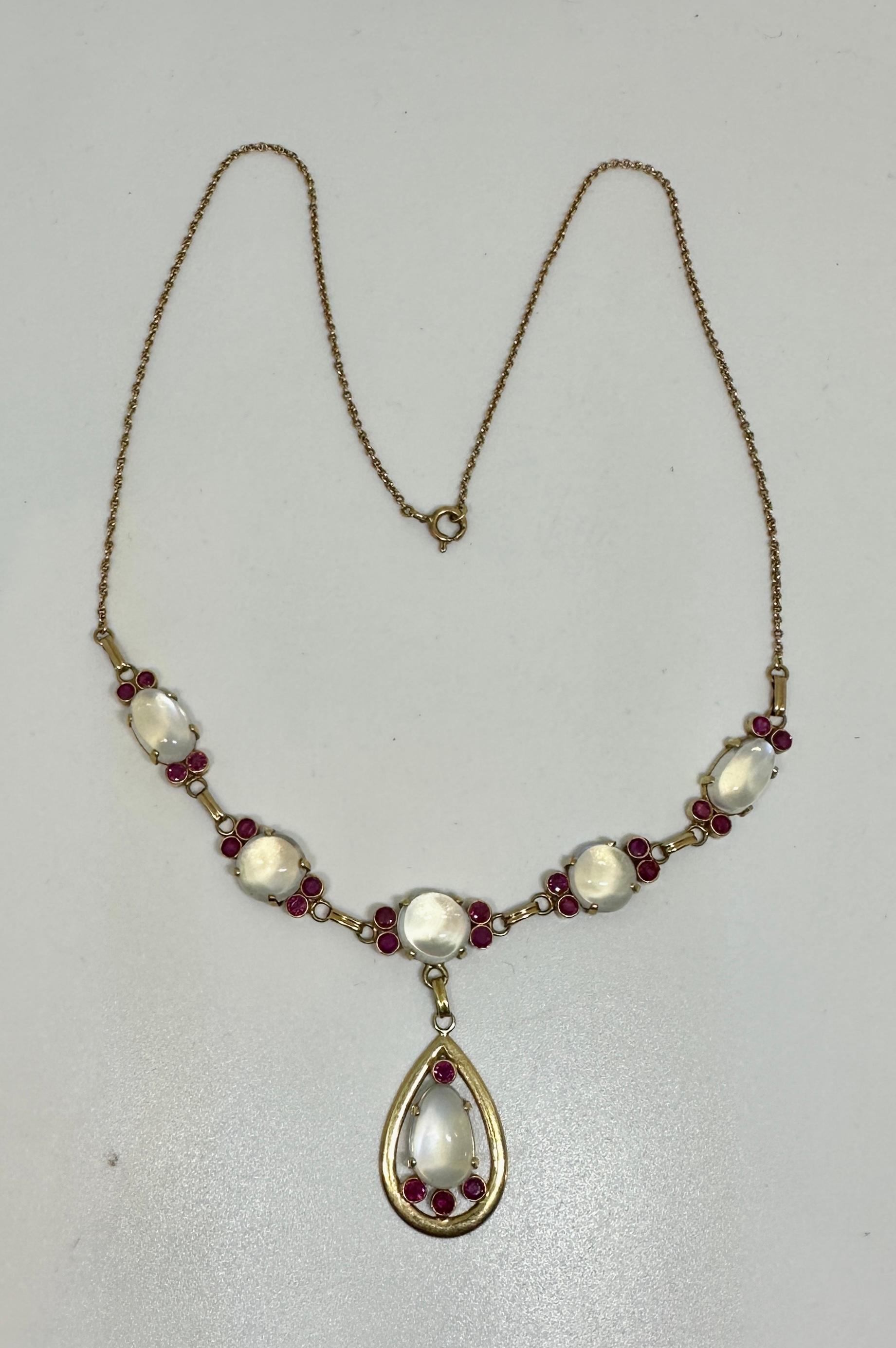 Cabochon Victorian Moonstone Ruby Necklace Antique 14 Karat Gold Museum Quality Necklace For Sale