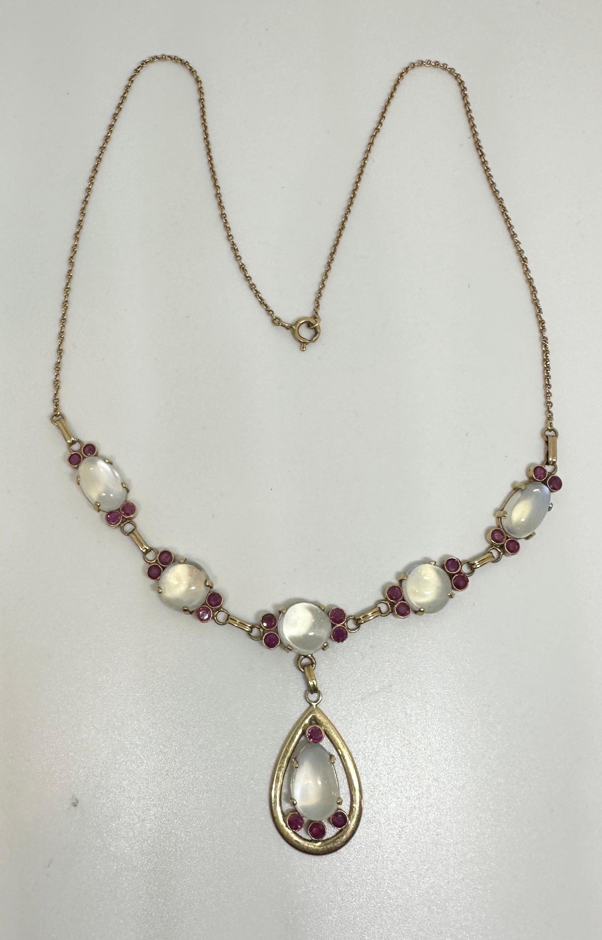 Women's Victorian Moonstone Ruby Necklace Antique 14 Karat Gold Museum Quality Necklace For Sale