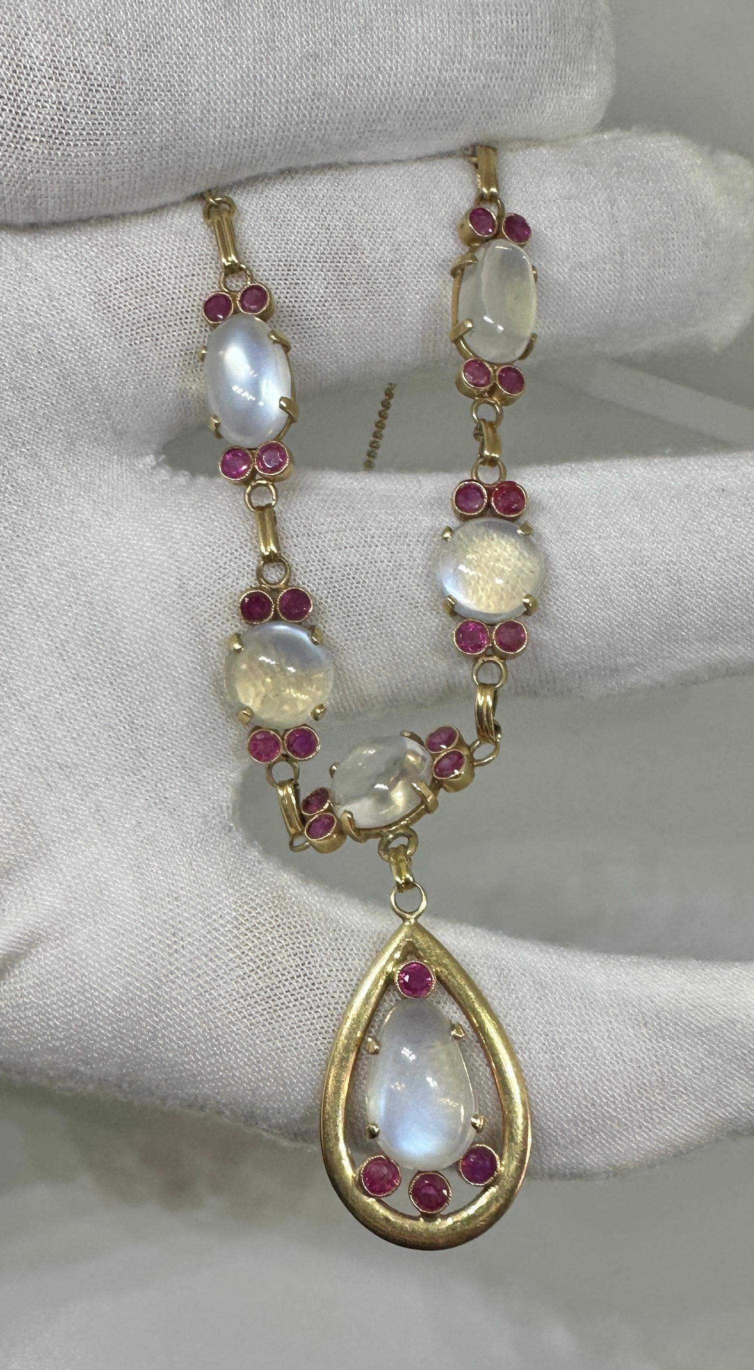 Victorian Moonstone Ruby Necklace Antique 14 Karat Gold Museum Quality Necklace For Sale 1