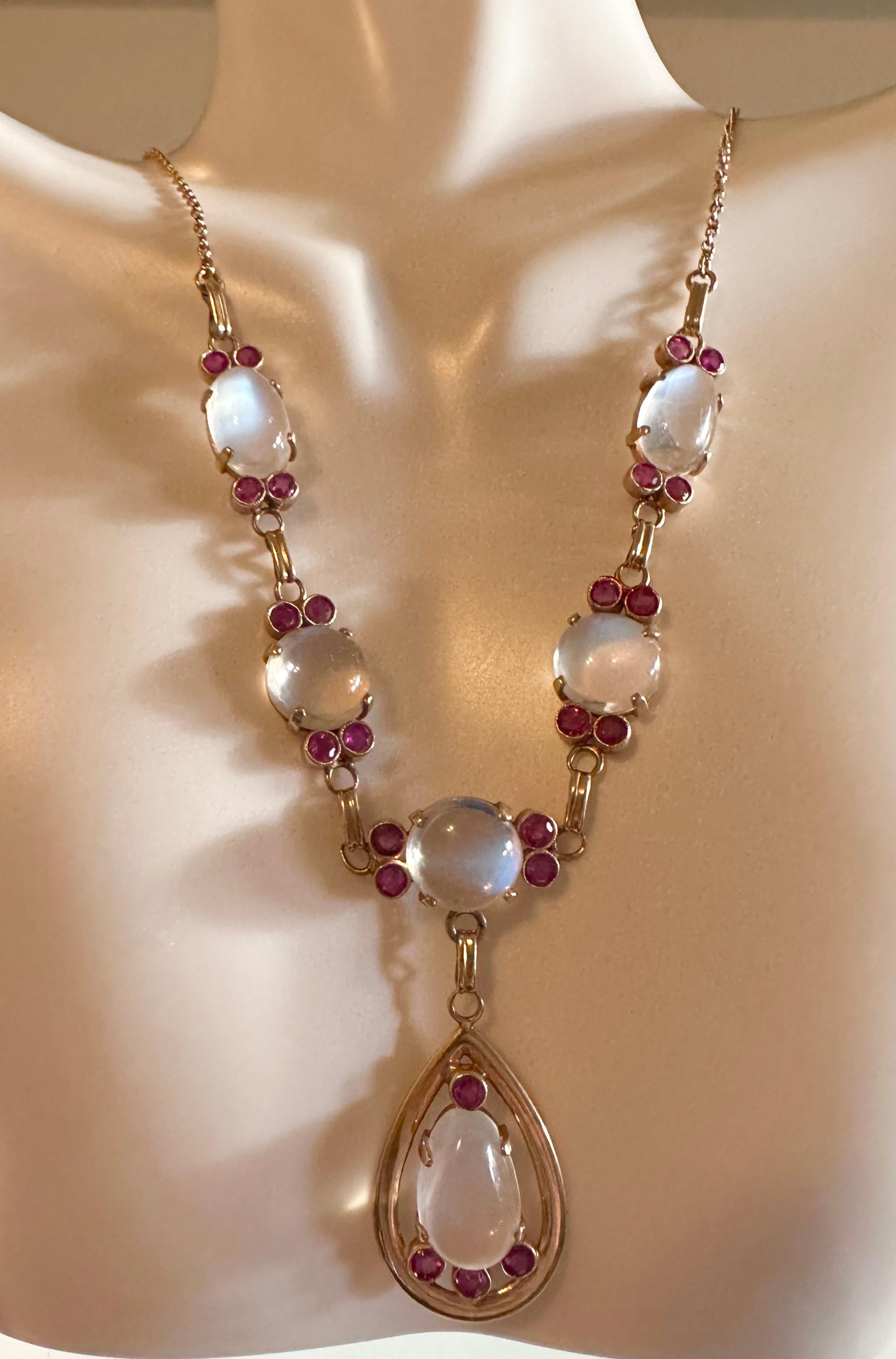 Victorian Moonstone Ruby Necklace Antique 14 Karat Gold Museum Quality Necklace For Sale 2
