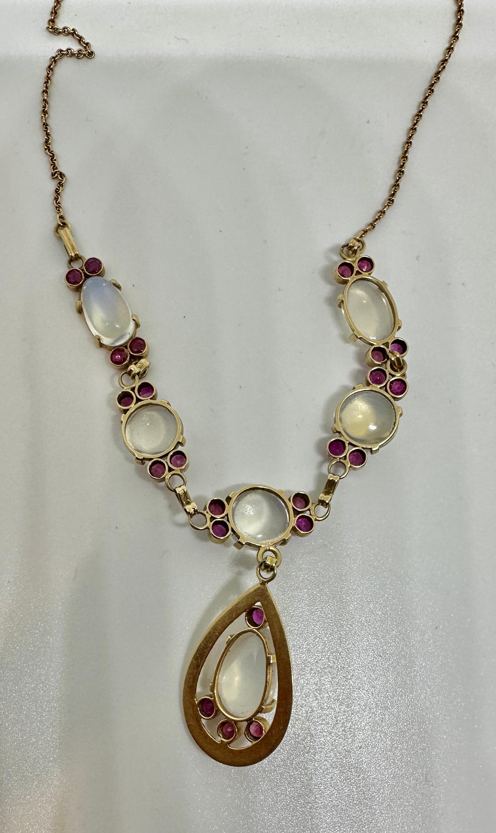 Victorian Moonstone Ruby Necklace Antique 14 Karat Gold Museum Quality Necklace For Sale 3