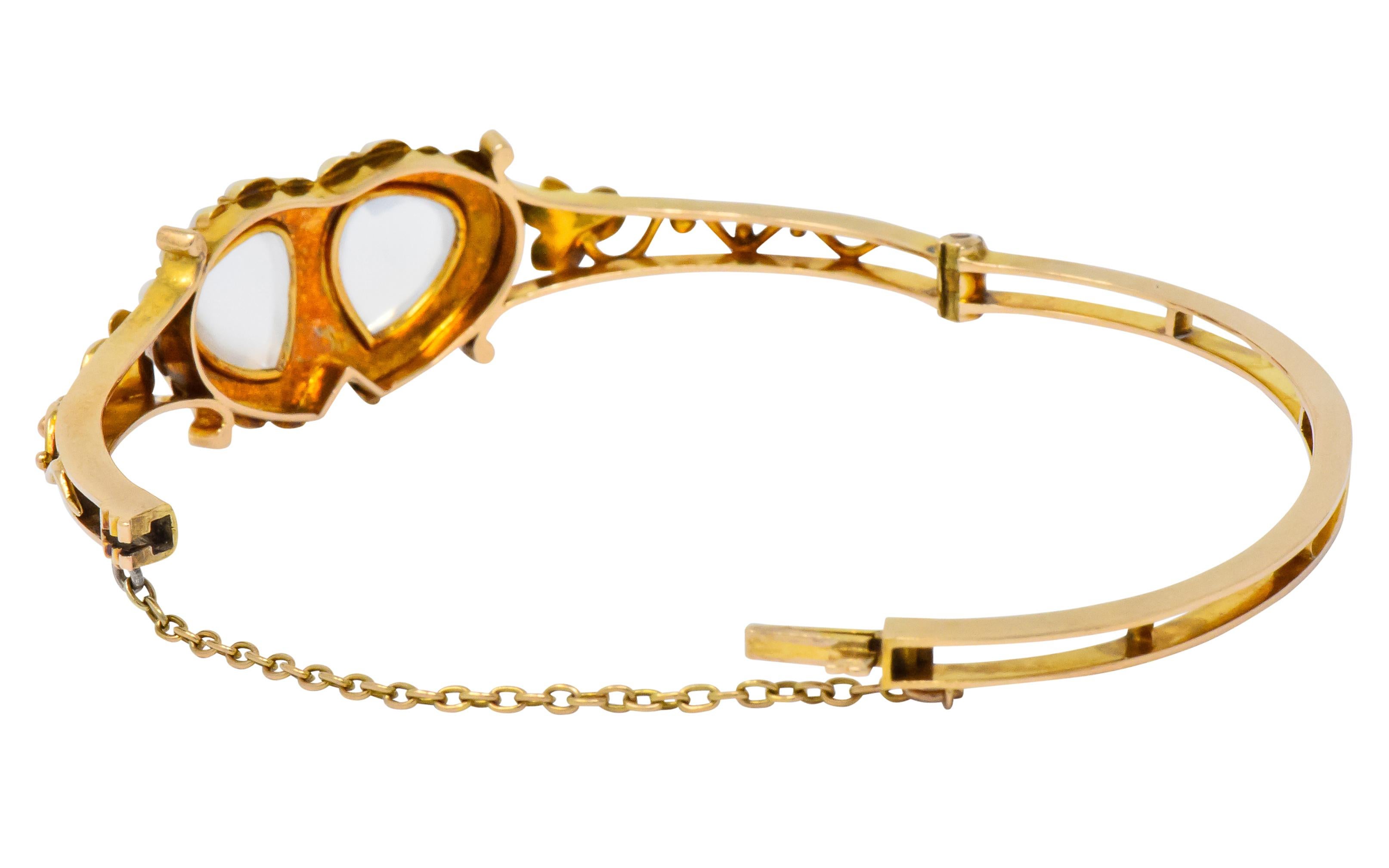Victorian Moonstone Seed Pearl 14 Karat Gold Double Heart Bangle Bracelet 3