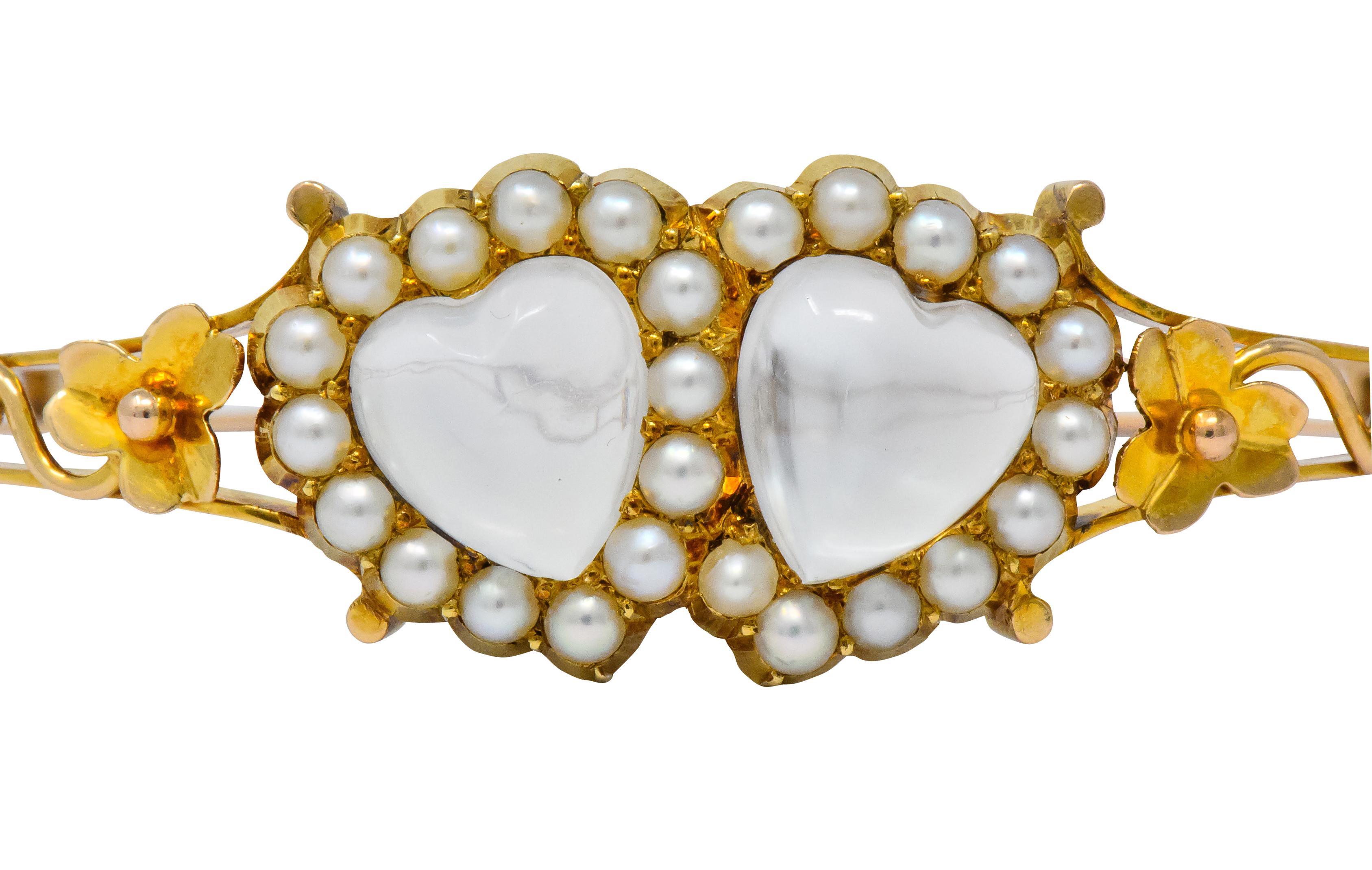 Victorian Moonstone Seed Pearl 14 Karat Gold Double Heart Bangle Bracelet 5