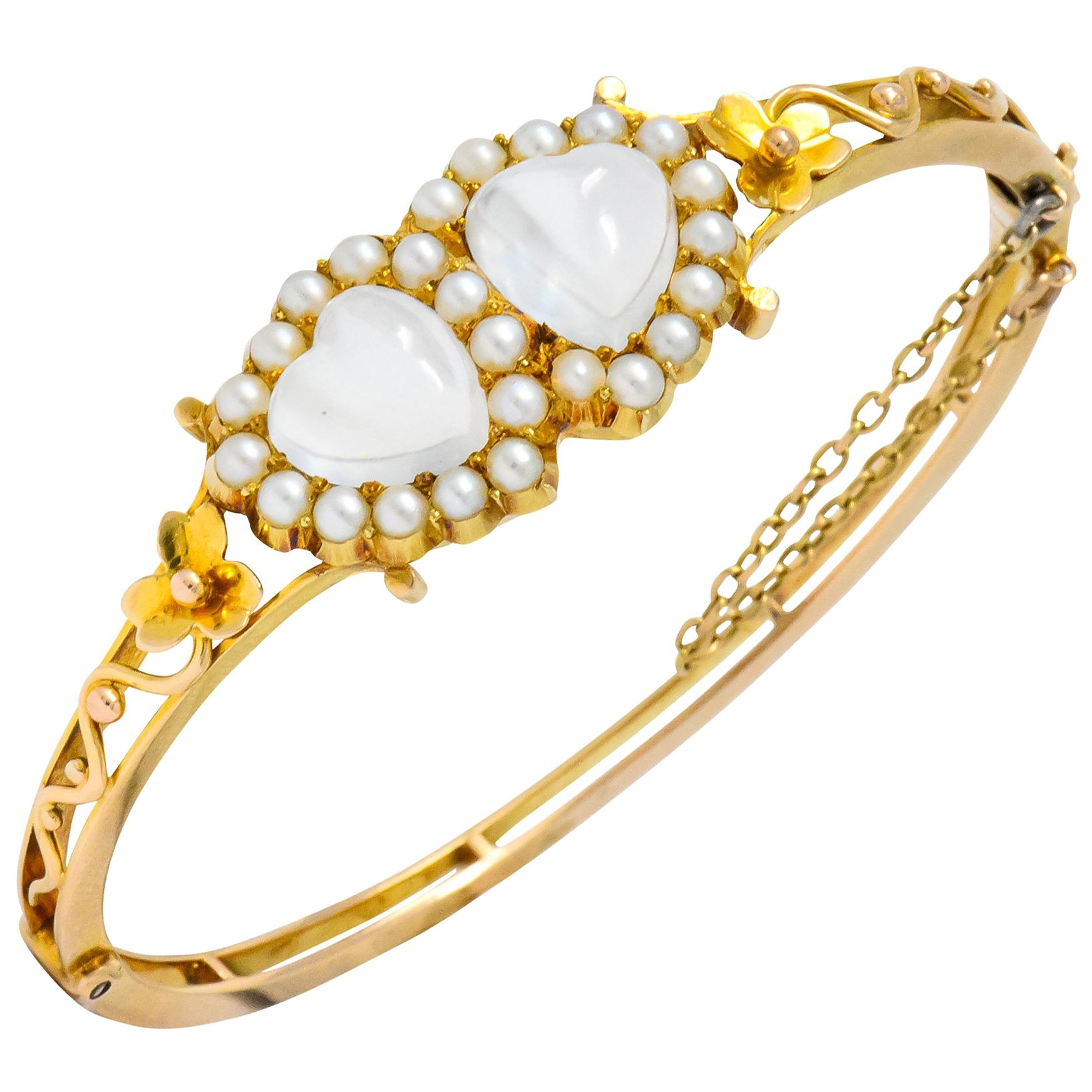 Victorian Moonstone Seed Pearl 14 Karat Gold Double Heart Bangle Bracelet