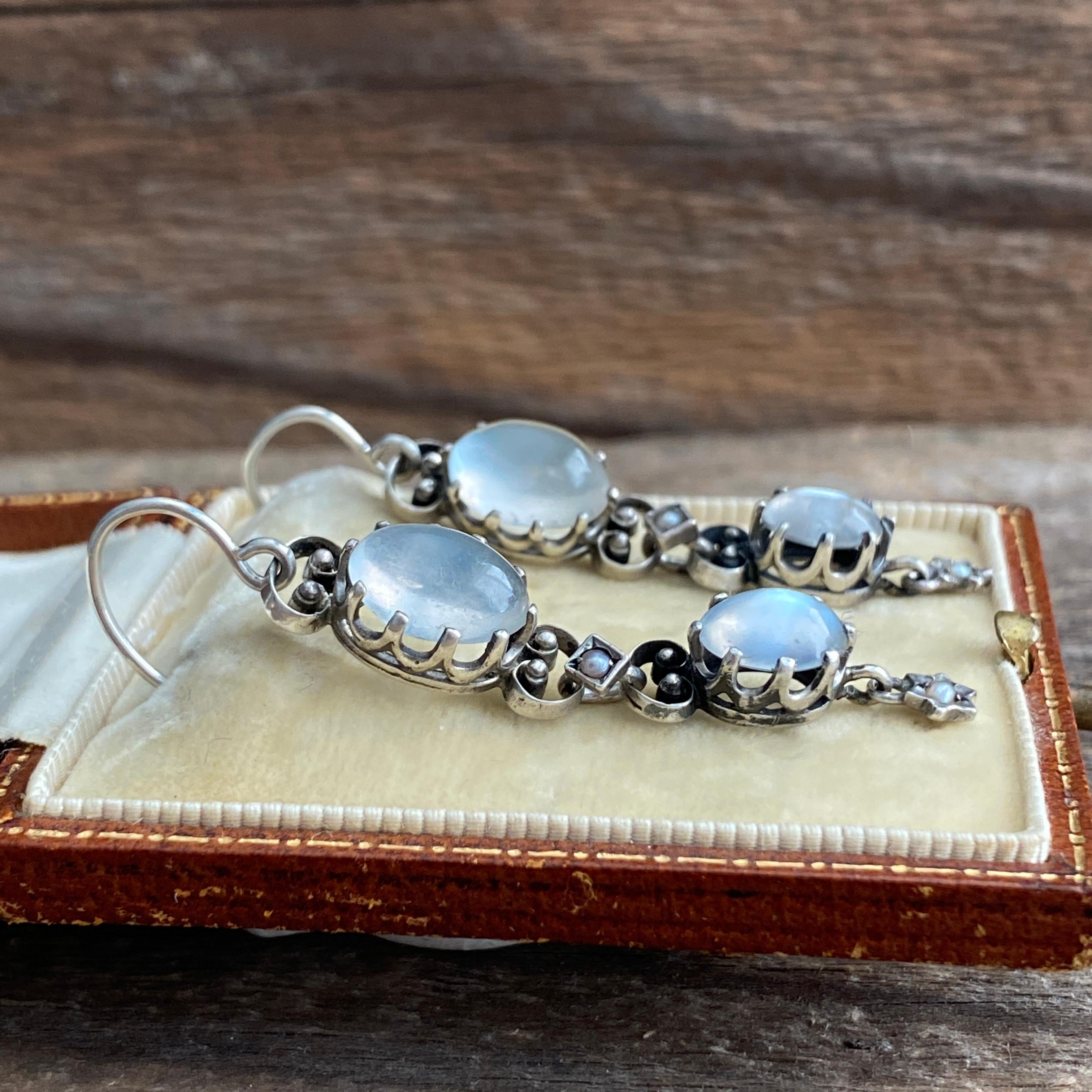 Victorian Moonstone Silver Drop Earrings 4