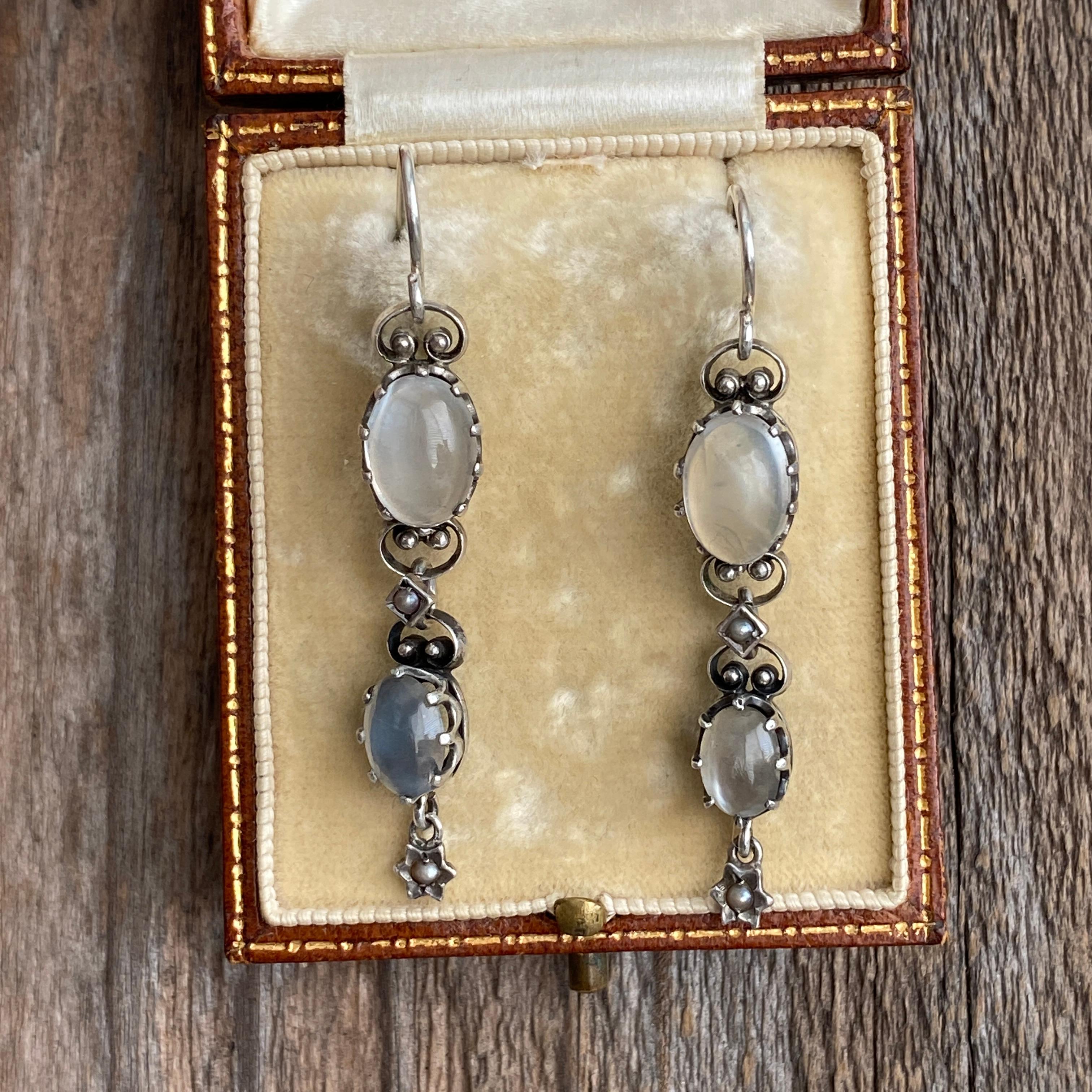 Victorian Moonstone Silver Drop Earrings 1