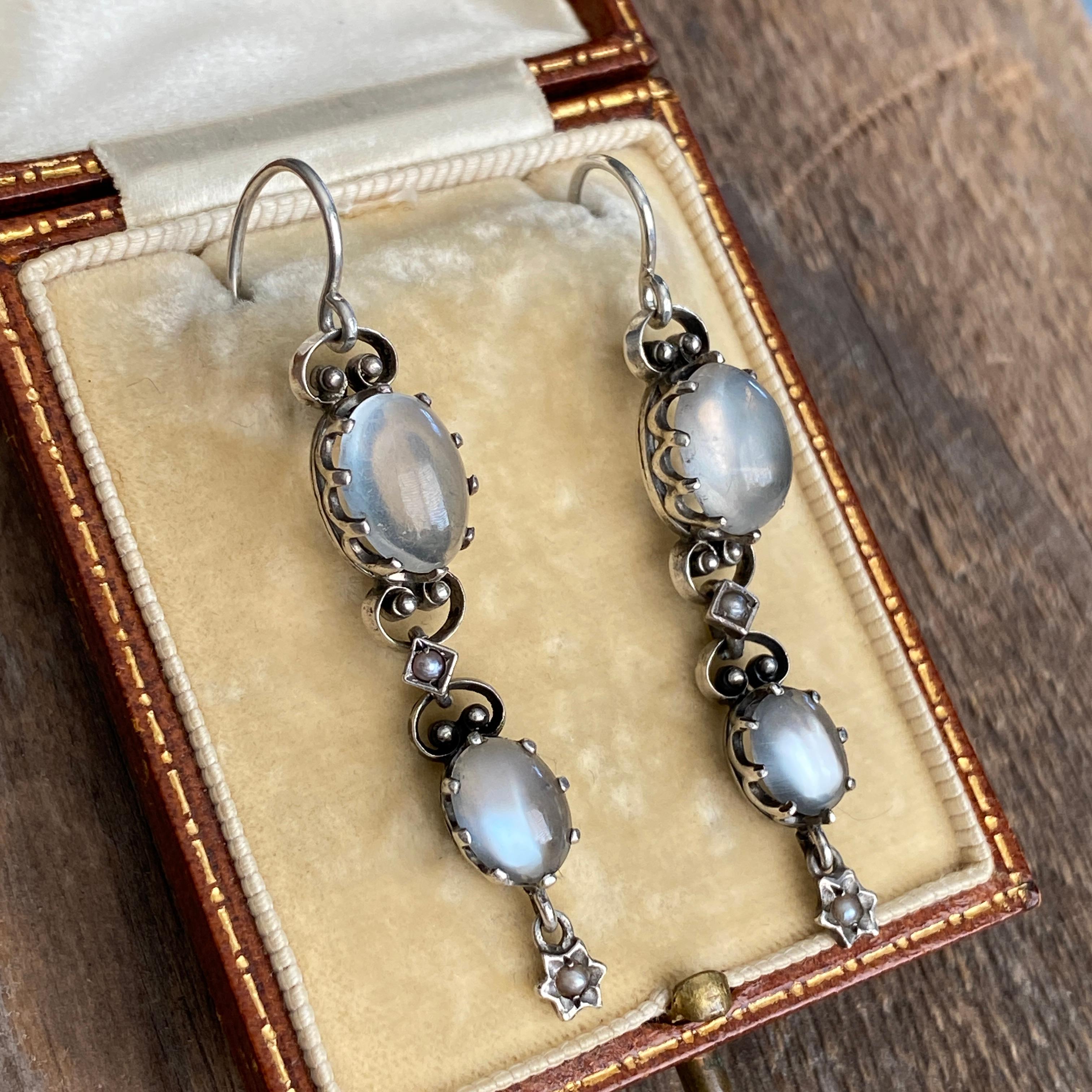 Victorian Moonstone Silver Drop Earrings 2