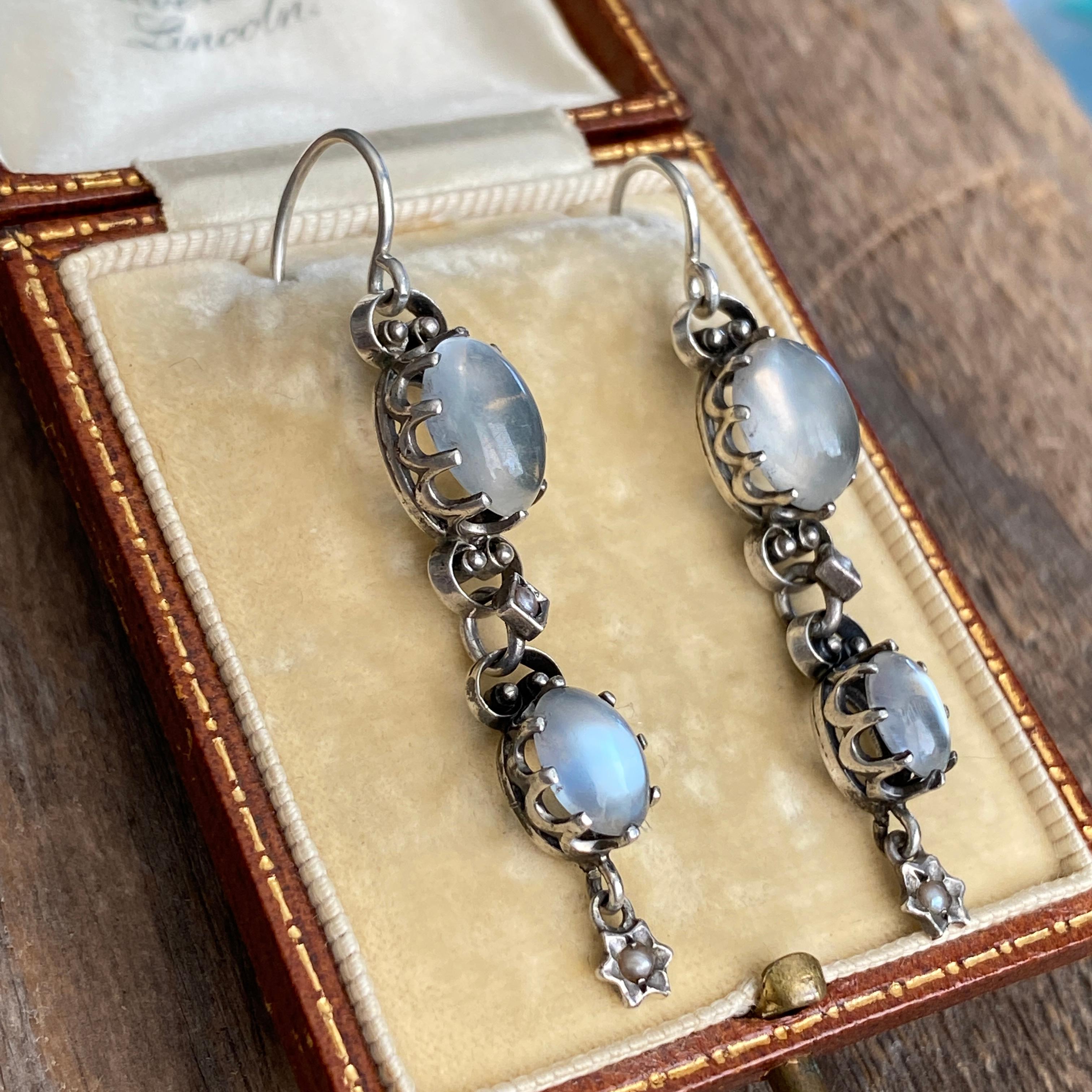 Victorian Moonstone Silver Drop Earrings 3