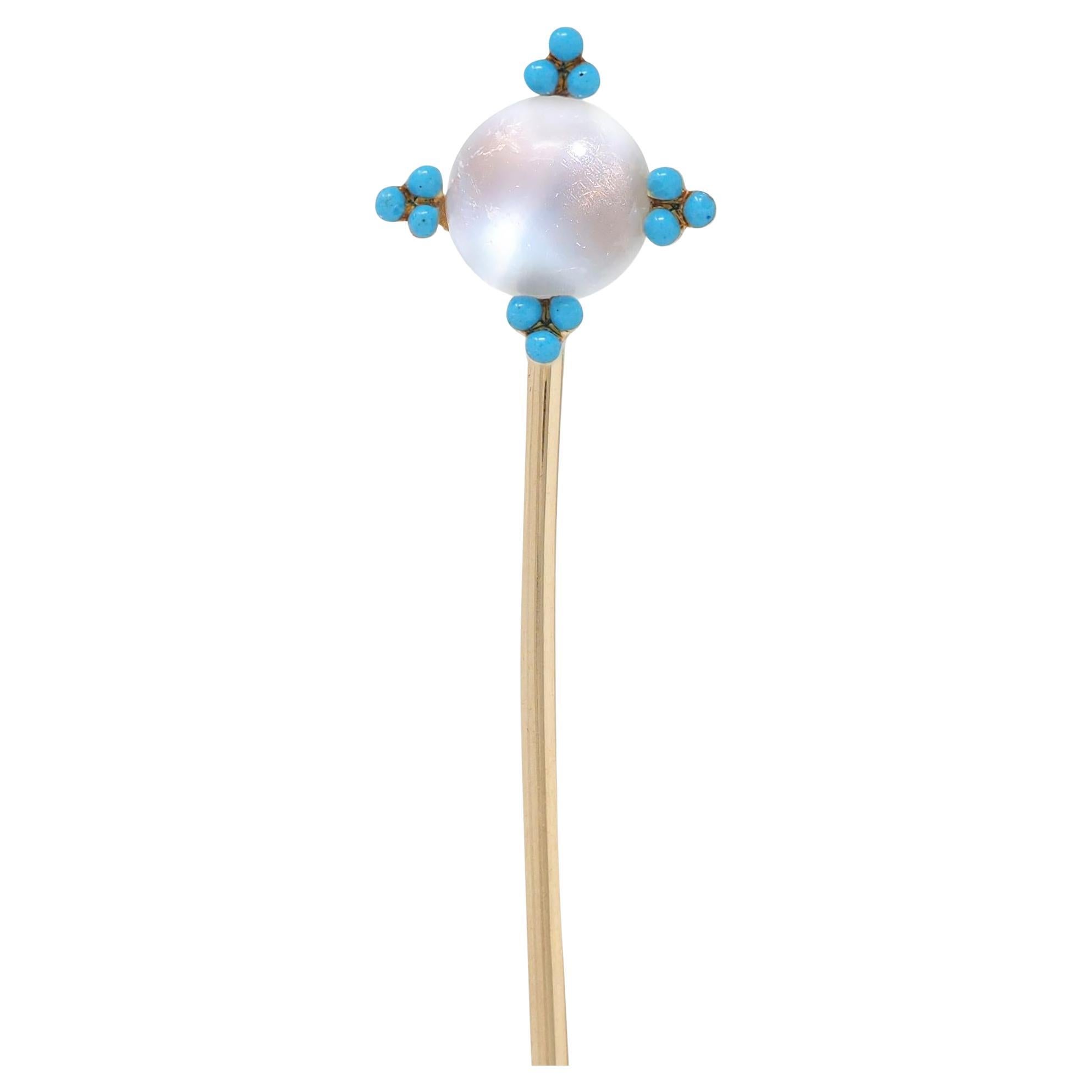 Victorian Moonstone Turquoise 14 Karat Gold Antique Stickpin