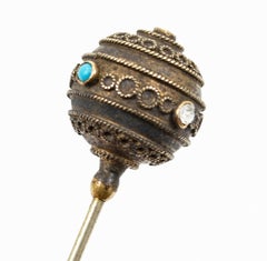 Victorian Moorish Brass Hat Pin w Turquoise Stones and Crystals - 8 ½”, 1900s
