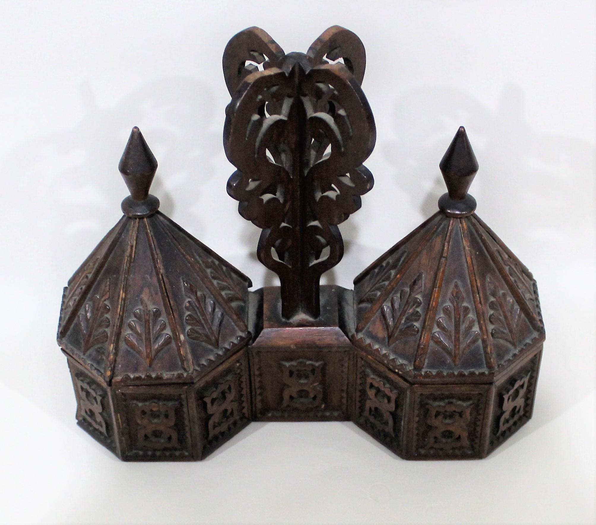 19th century finely carved double lidded Moorish style wood box.