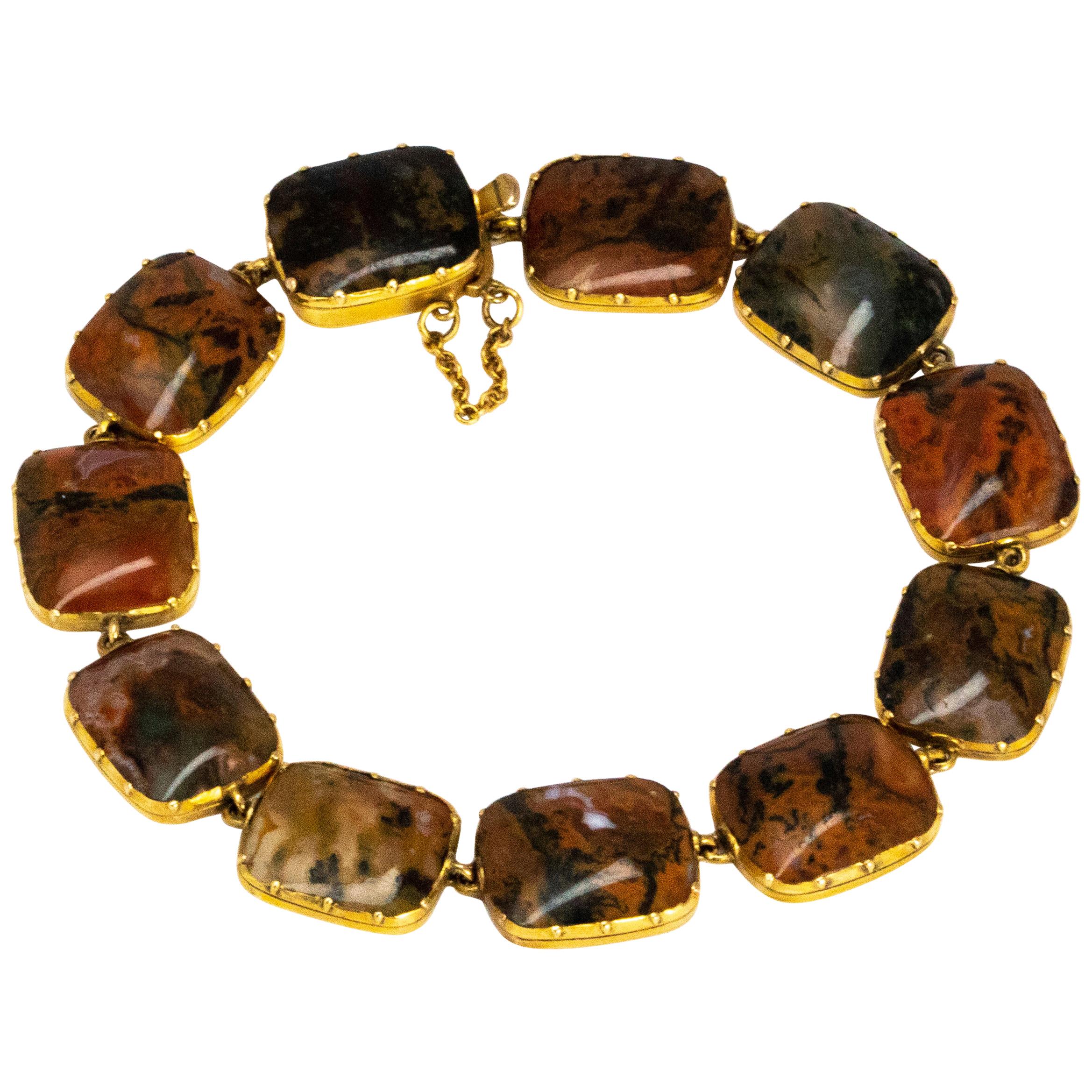 Victorian Moss Agate and 15 Carat Gold Bracelet