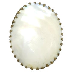 Antique Victorian Mother of Pearl Brooch, Brass Prong-Tooth Setting, Early 1900s