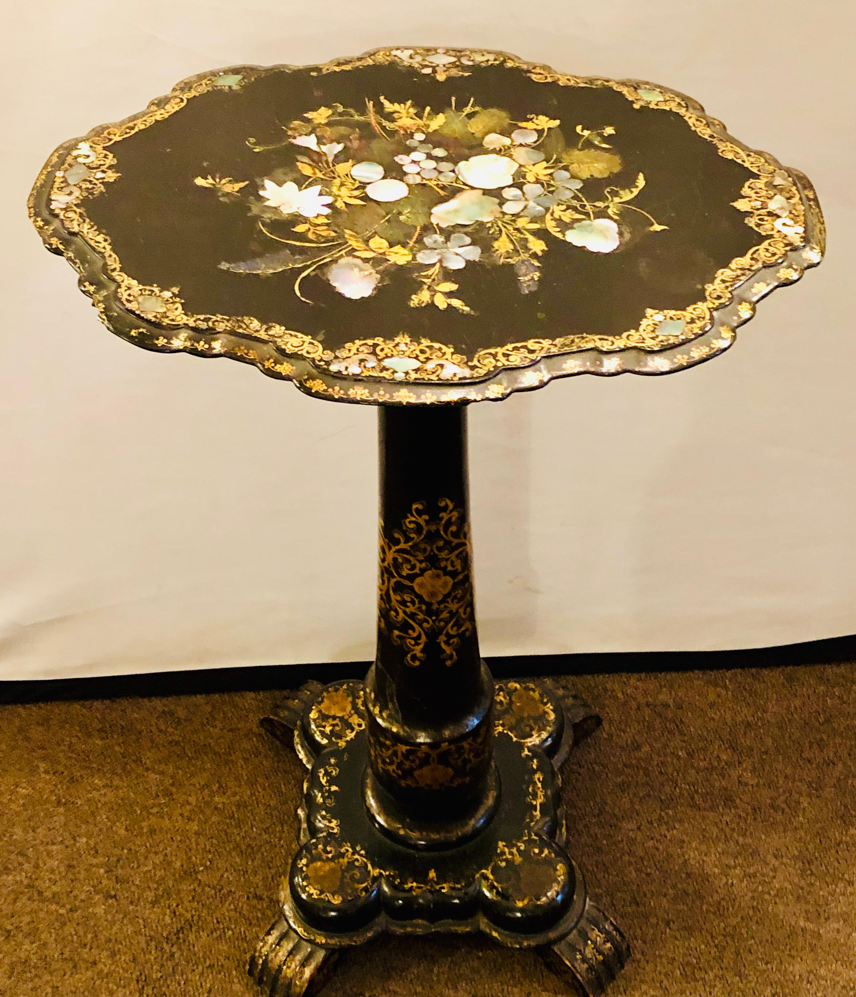 Victorian Mother of Pearl Inlaid 19th Century Tilt-Top Candle Stand / Tea Table 1