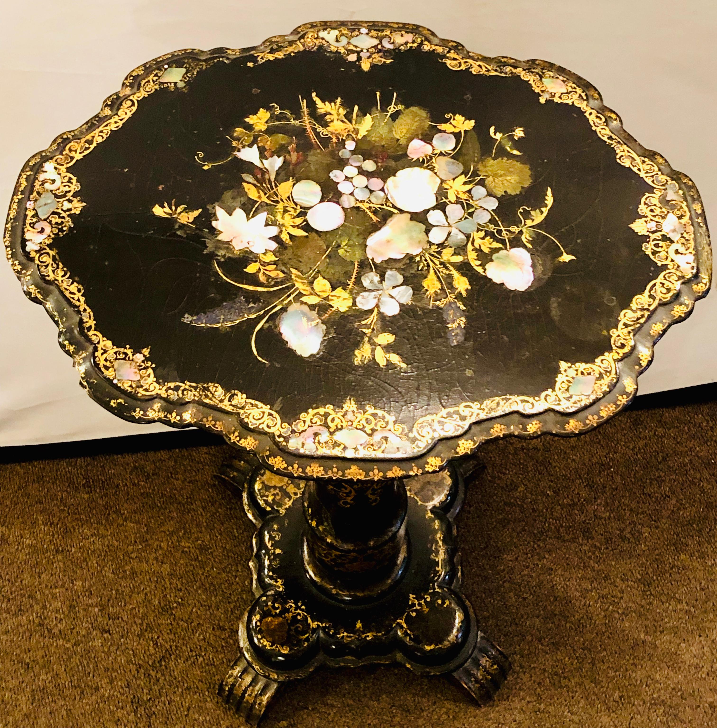 Victorian Mother of Pearl Inlaid 19th Century Tilt-Top Candle Stand / Tea Table 2
