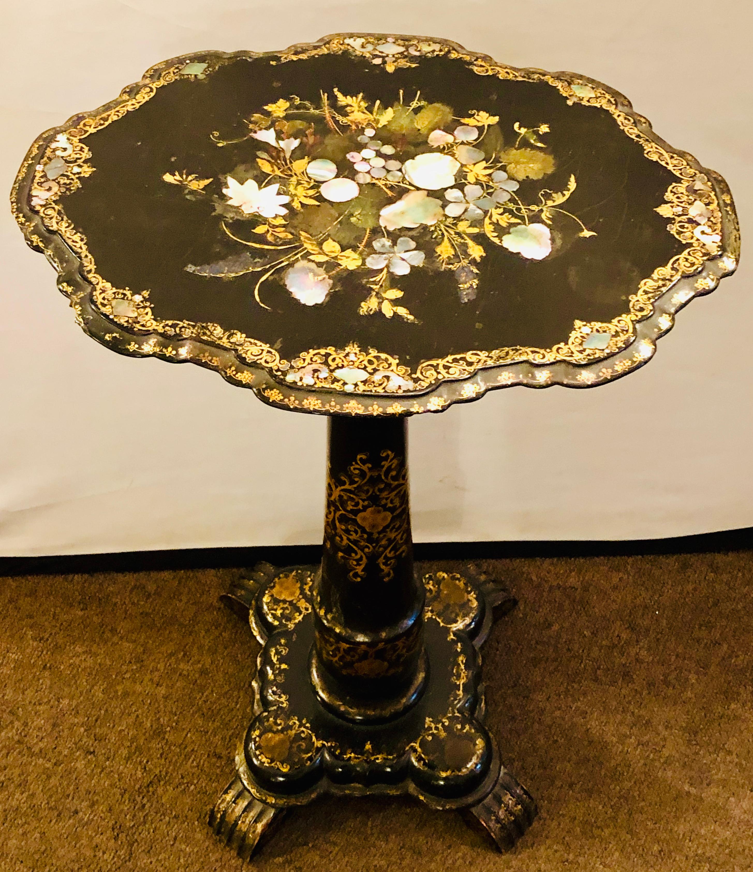 Victorian Mother of Pearl Inlaid 19th Century Tilt-Top Candle Stand / Tea Table 3