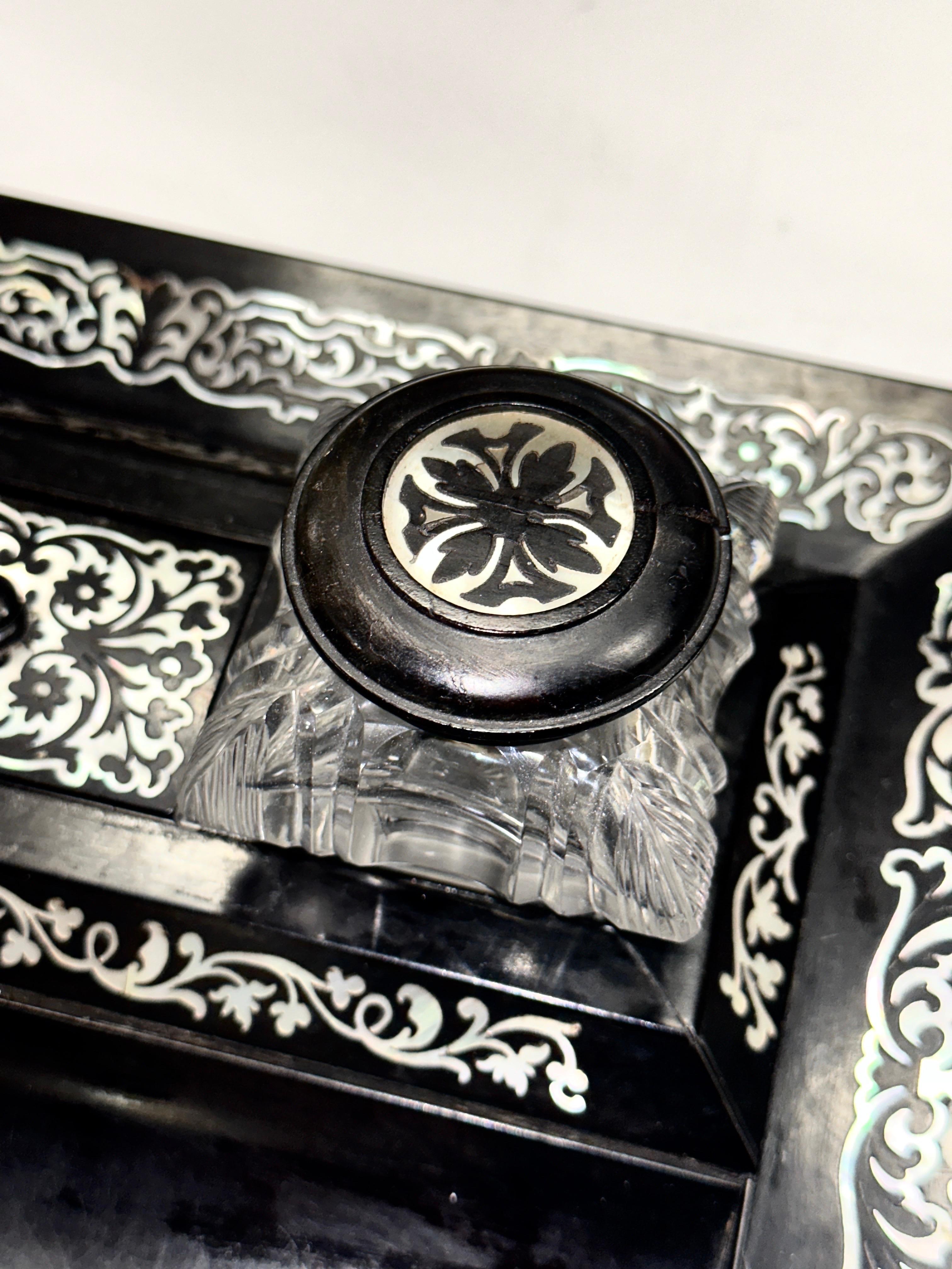 Mother-of-Pearl Victorian Mother of Pearl Inlaid Inkwell For Sale
