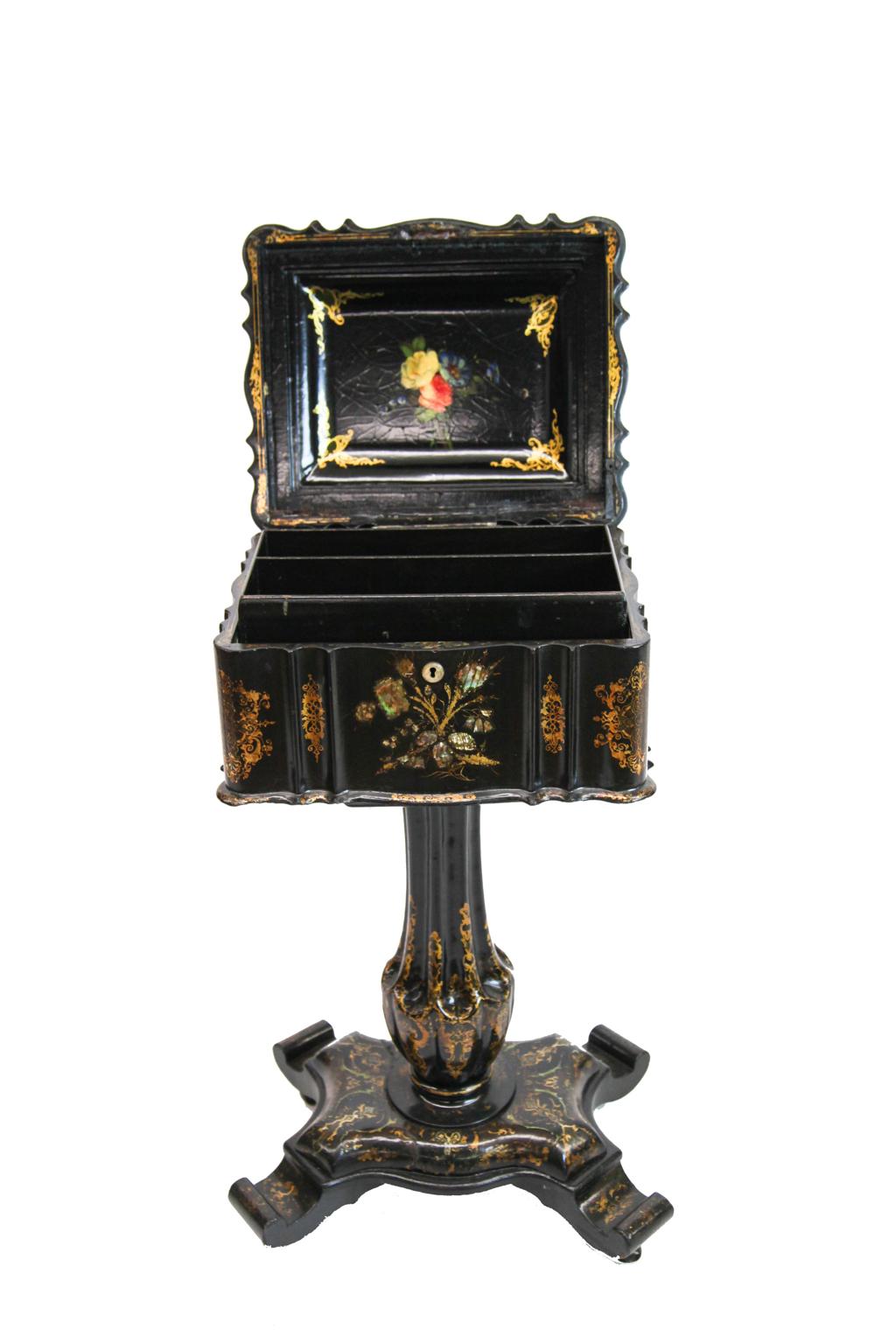 Mid-19th Century Victorian Mother of Pearl Inlaid Papier Mâché Box on Stand For Sale