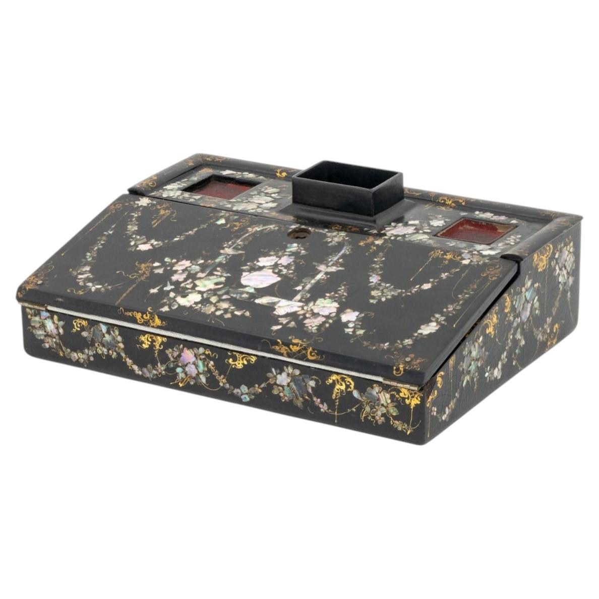 Victorian Mother-of-Pearl Inlaid Black Lacquered Papier Mache Writing Box For Sale