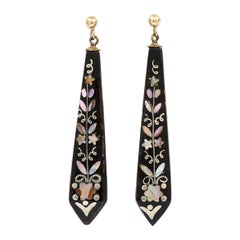 Victorian Mother of Pearl Pique Drop Earrings, Circa 1860