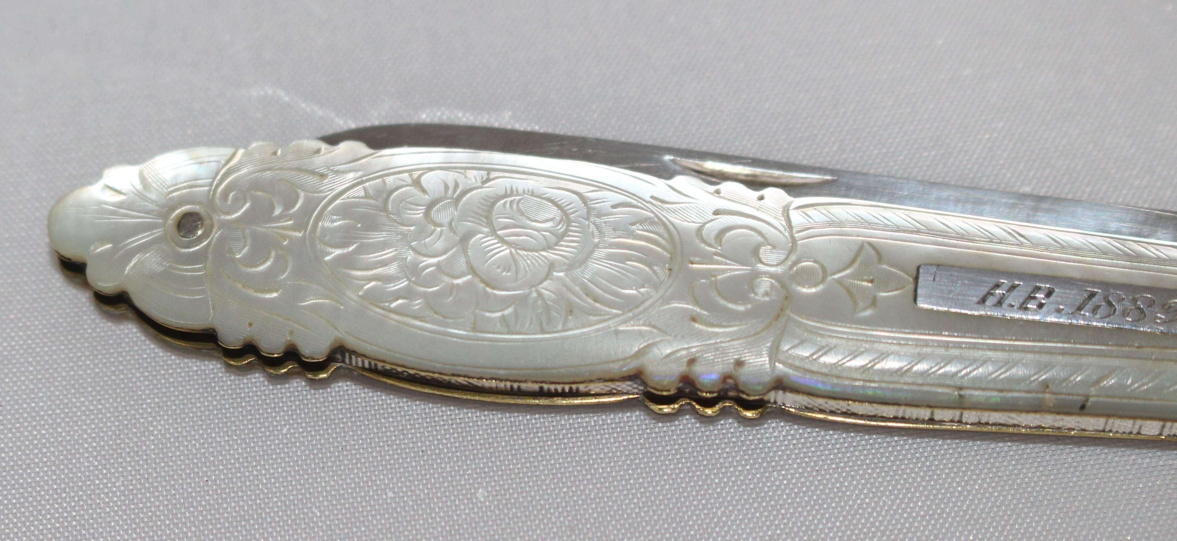 Lovely quality Victorian fruit knife

Silver blade with mother of pearl handle. Silver plaque to handle reads 'H.B.1889.'
 

Period: 
Late Victorian

Hallmark: 
Sterling silver, Birmingham, Thomas Marples, 1885

Condition: 
Good