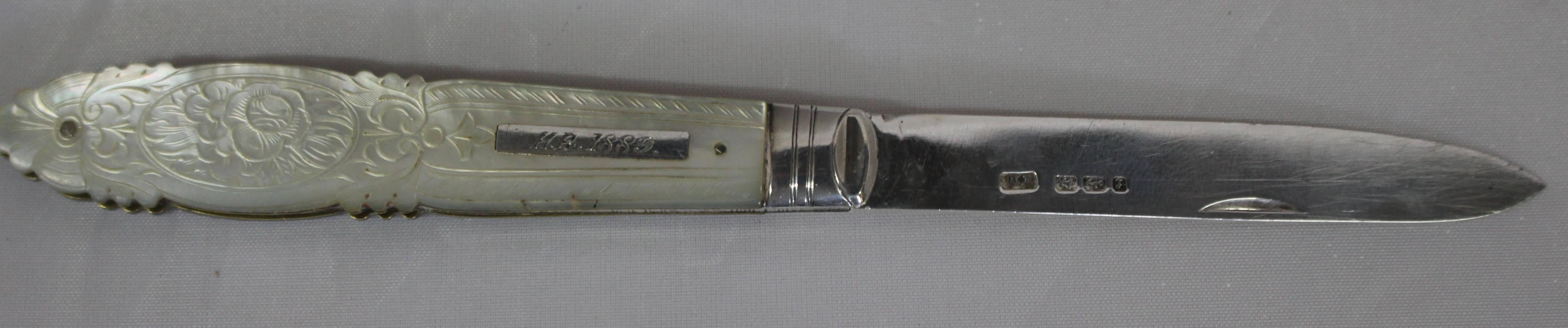 19th Century Victorian Mother of Pearl Silver Fruit Knife by Thomas Marples For Sale