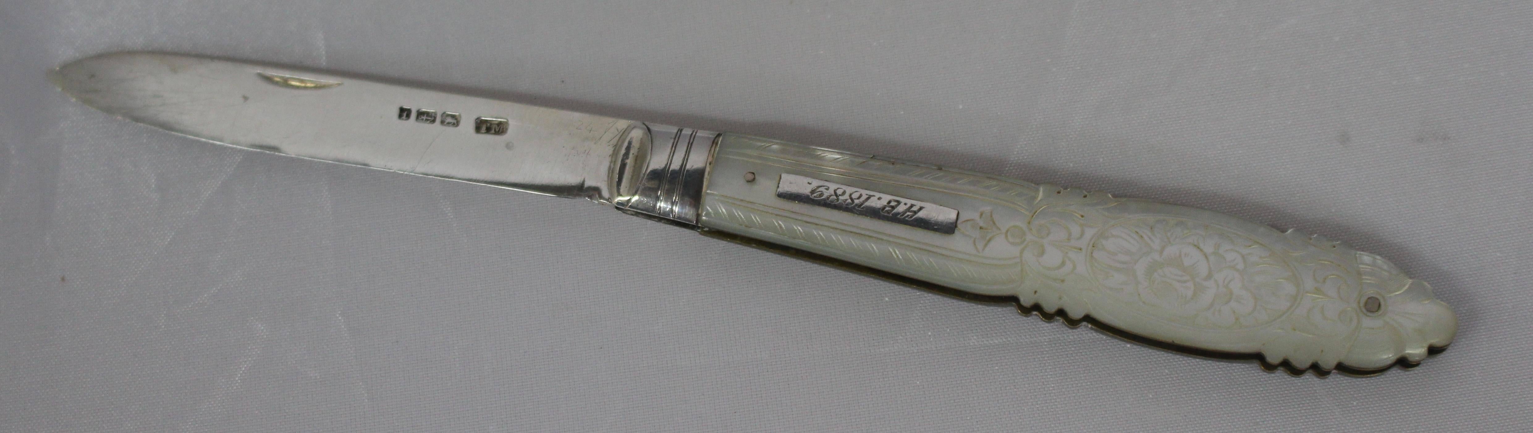 Mother-of-Pearl Victorian Mother of Pearl Silver Fruit Knife by Thomas Marples For Sale