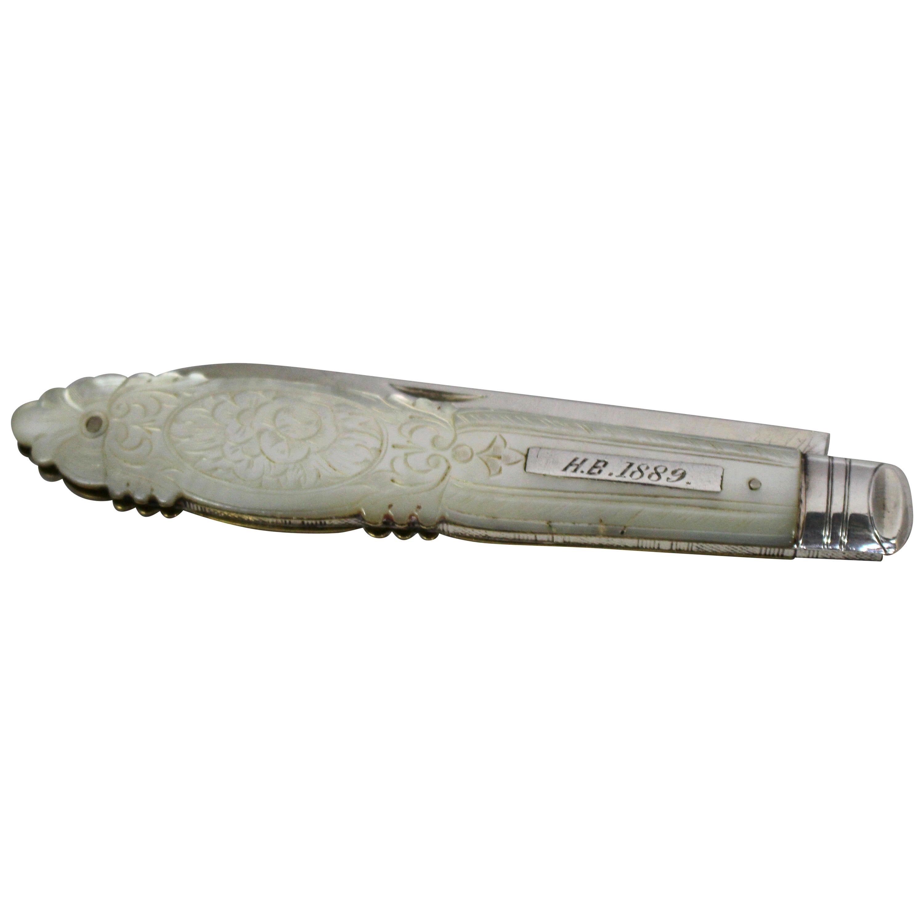Victorian Mother of Pearl Silver Fruit Knife by Thomas Marples For Sale