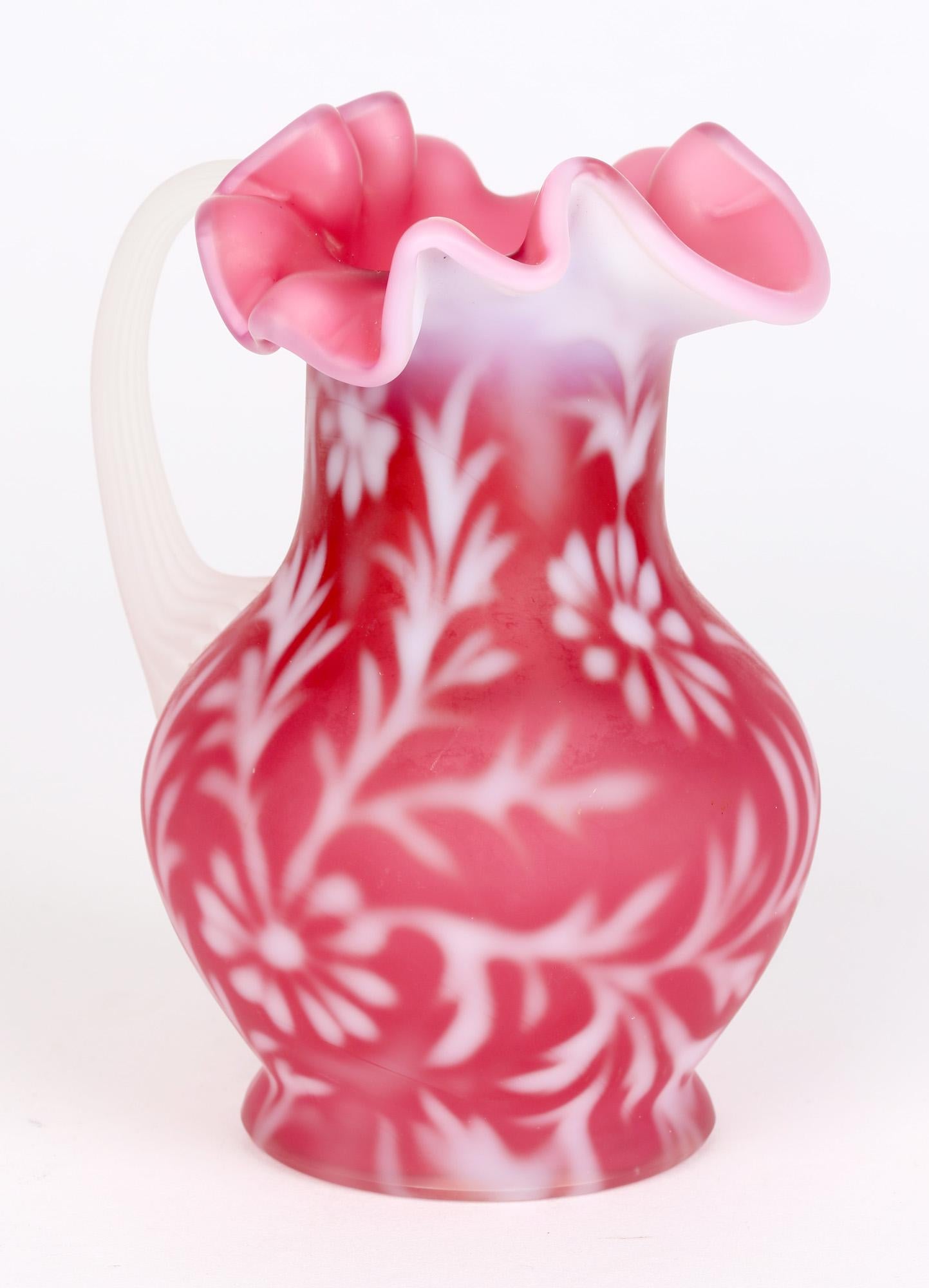 Hand-Crafted Victorian Mount Washington Attributed Satin Floral Glass Jug For Sale