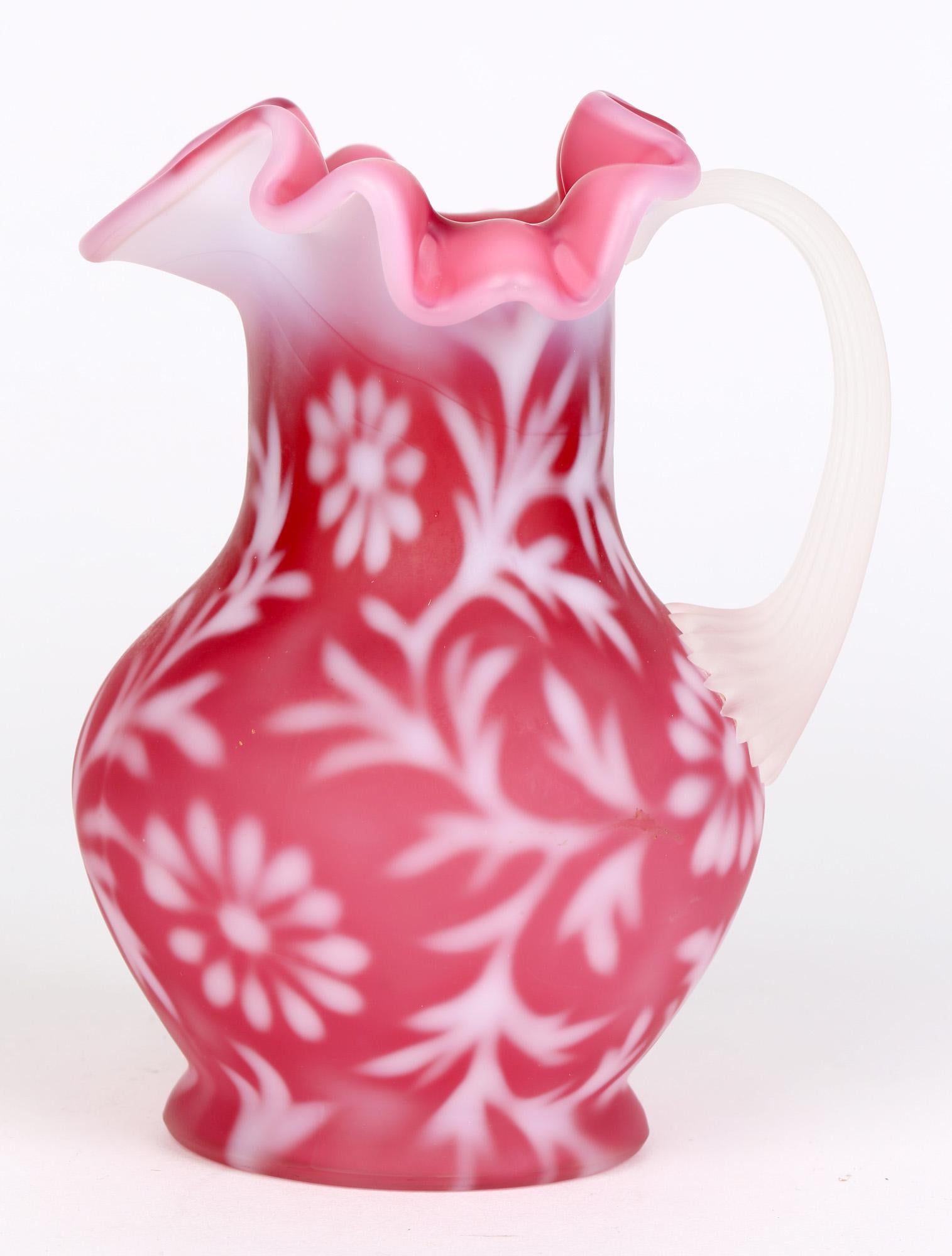 Blown Glass Victorian Mount Washington Attributed Satin Floral Glass Jug For Sale