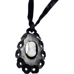 Victorian Mourning Cameo Pendant Whitby Jet on Velvet Ribbon Necklace c.1880s