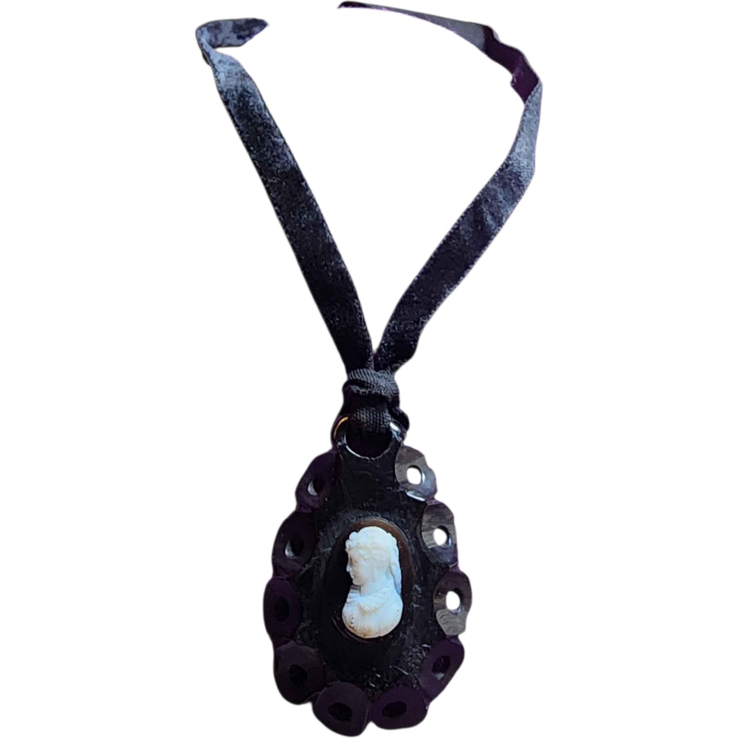 Victorian Mourning Cameo Pendant Whitby Jet on Velvet Ribbon Necklace c.1880s