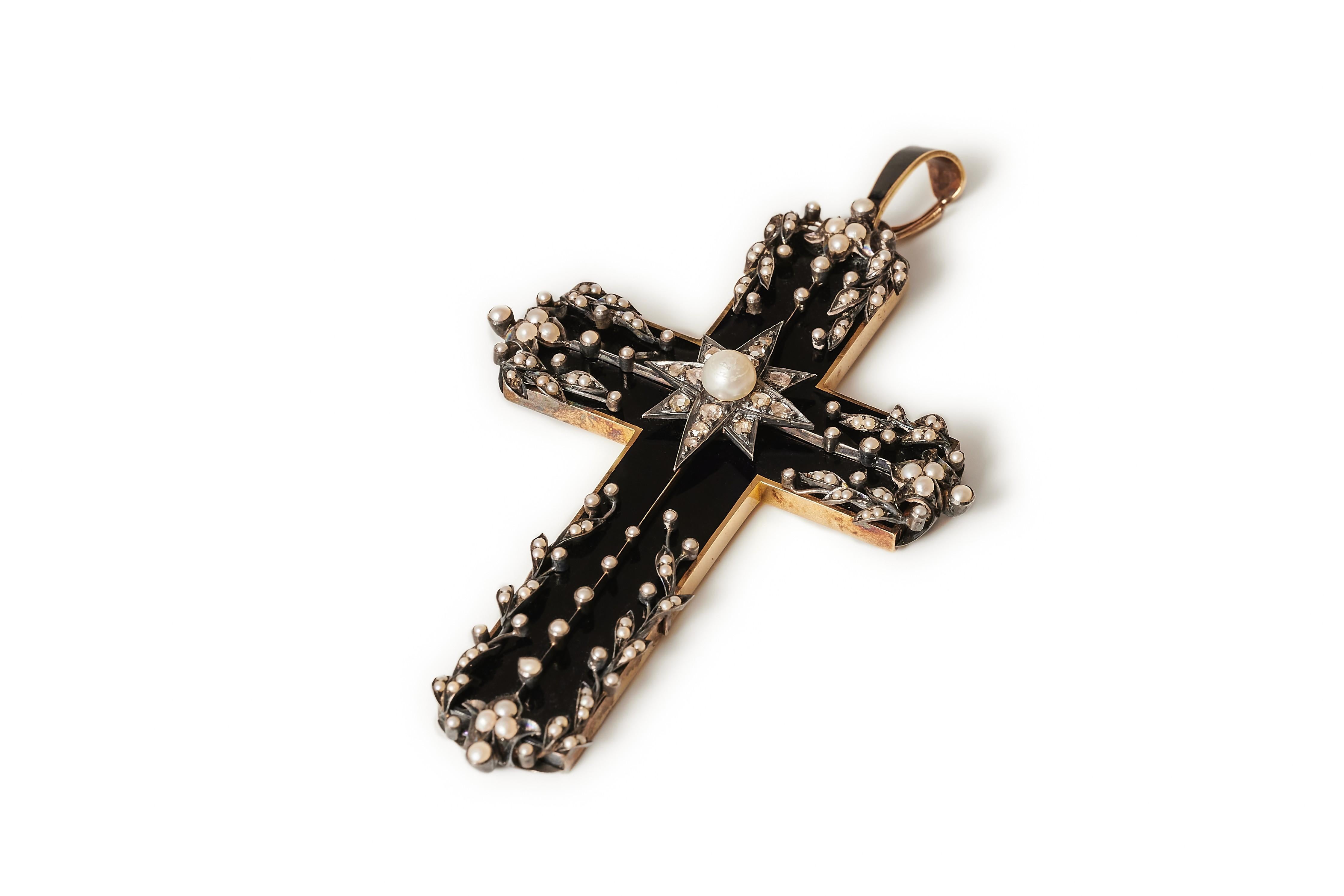 High Victorian Victorian mourning cross – gold, silver, diamonds and pearls. For Sale