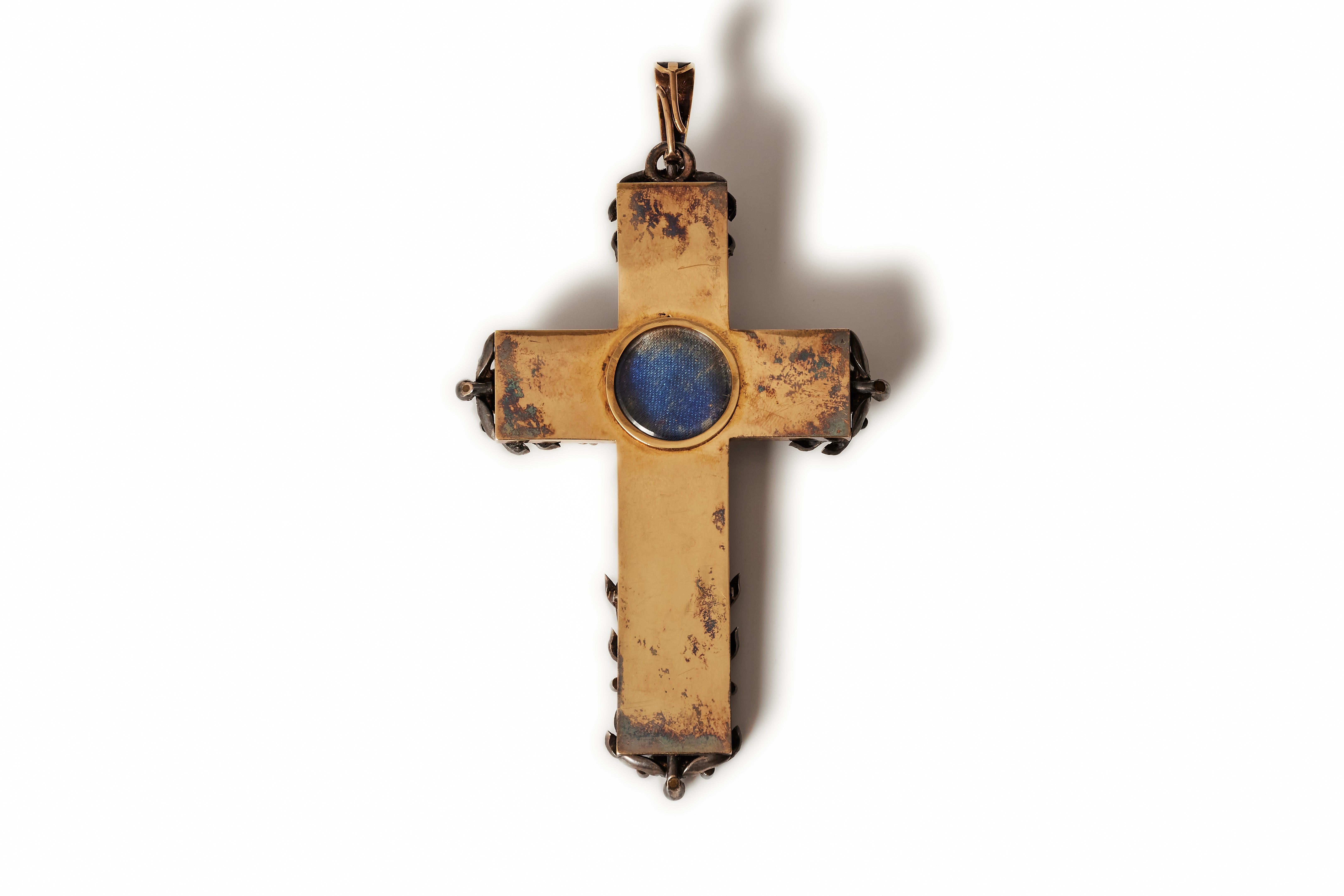 Rose Cut Victorian mourning cross – gold, silver, diamonds and pearls. For Sale