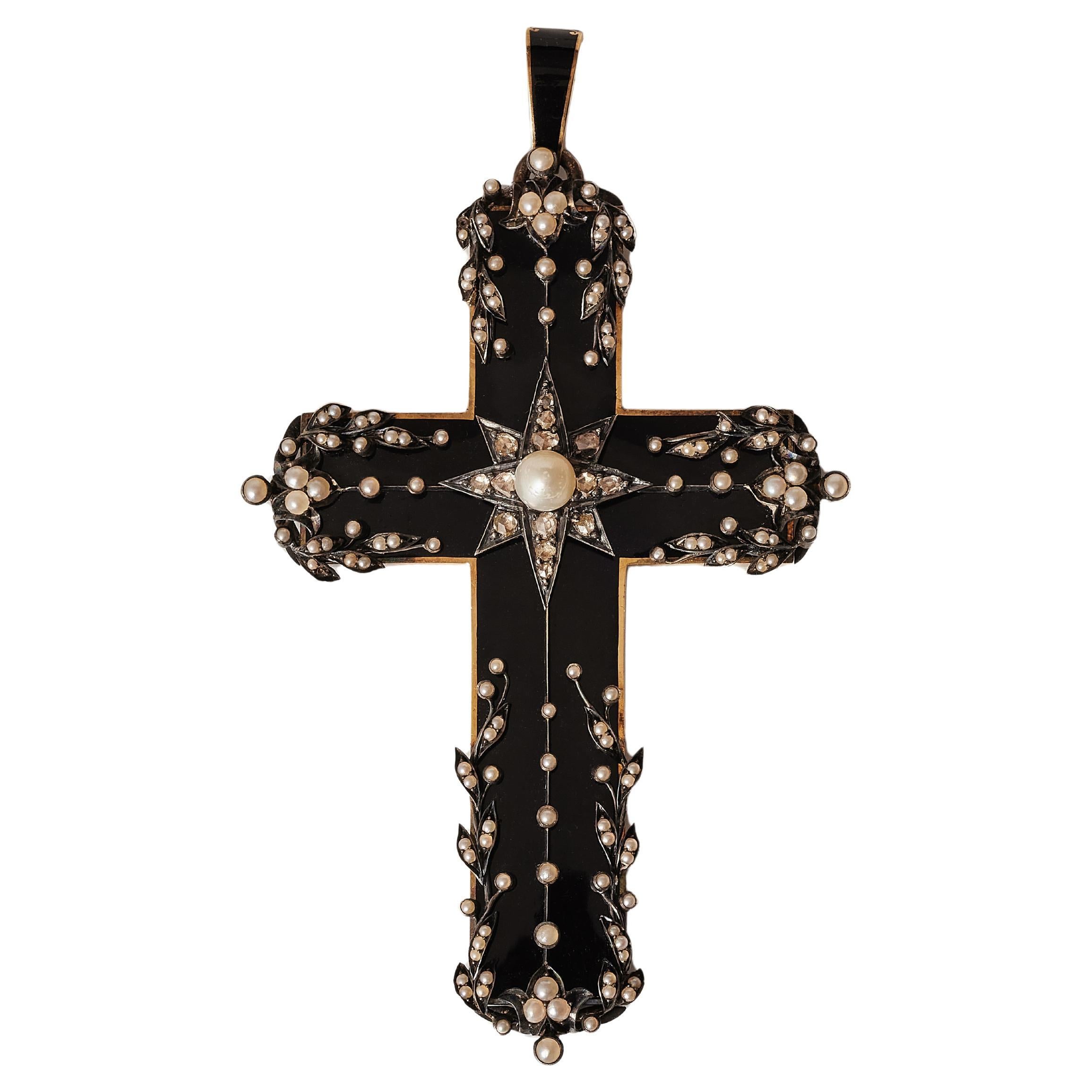 Viktorianisches Trauerkreuz - Gold, Silber, Diamanten und Perlen.