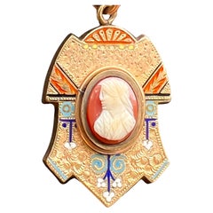 Victorian Mourning Locket with Hard Stone Cameo and Enamel, Gold Filled