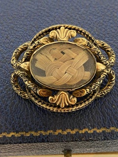 Victorian Mourning (Memorial) Gold-Filled Black Enamel Brooch w Plaited Hair