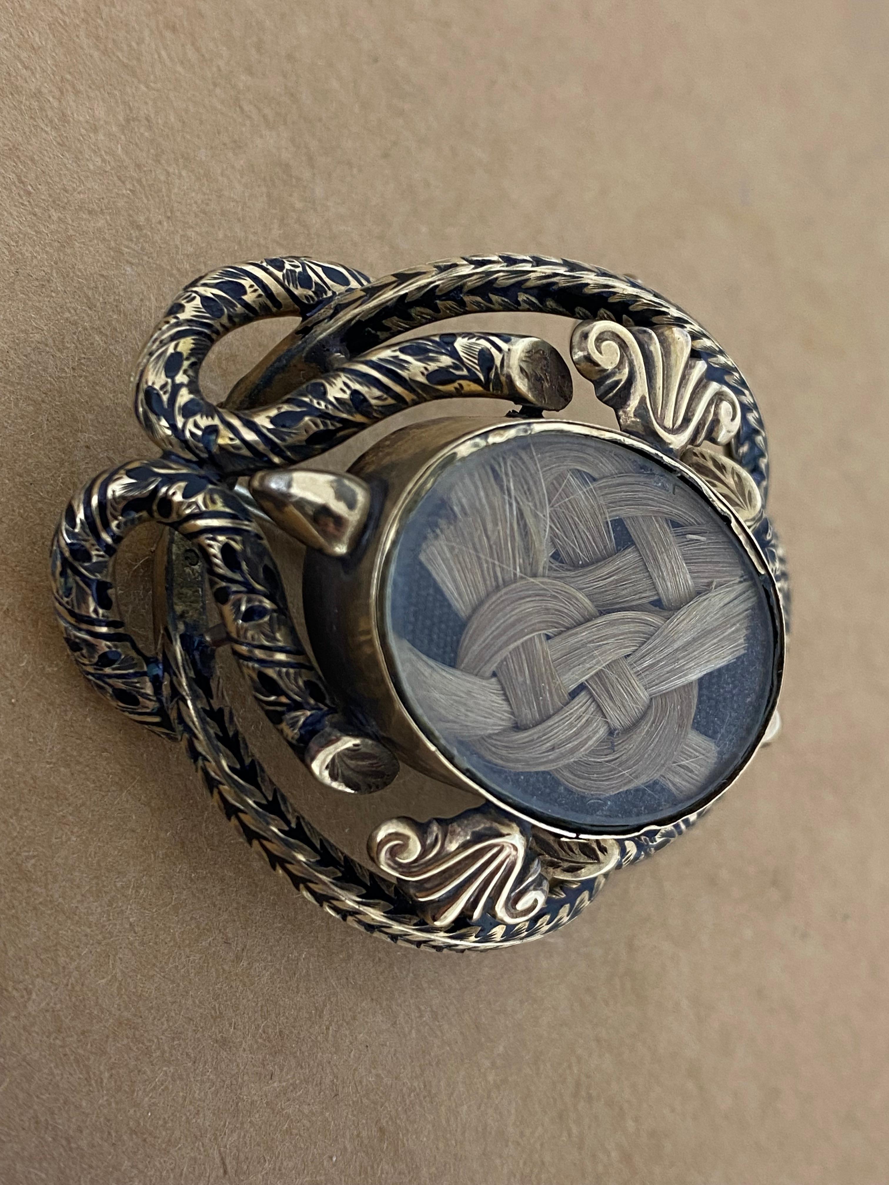 Women's Victorian Mourning (Memorial) Gold-Filled Black Enamel Brooch w Plaited Hair For Sale