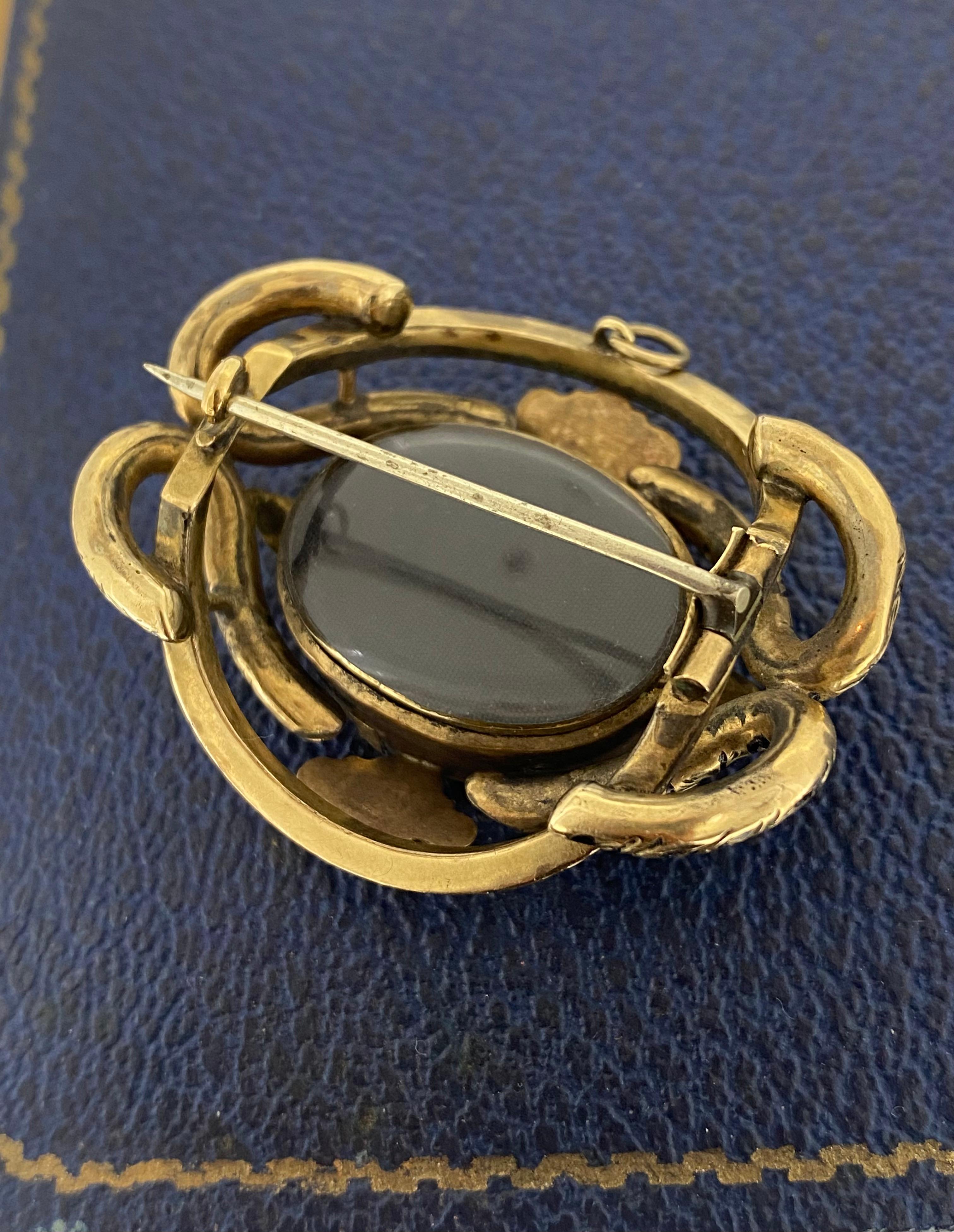 Victorian Mourning (Memorial) Gold-Filled Black Enamel Brooch w Plaited Hair For Sale 1