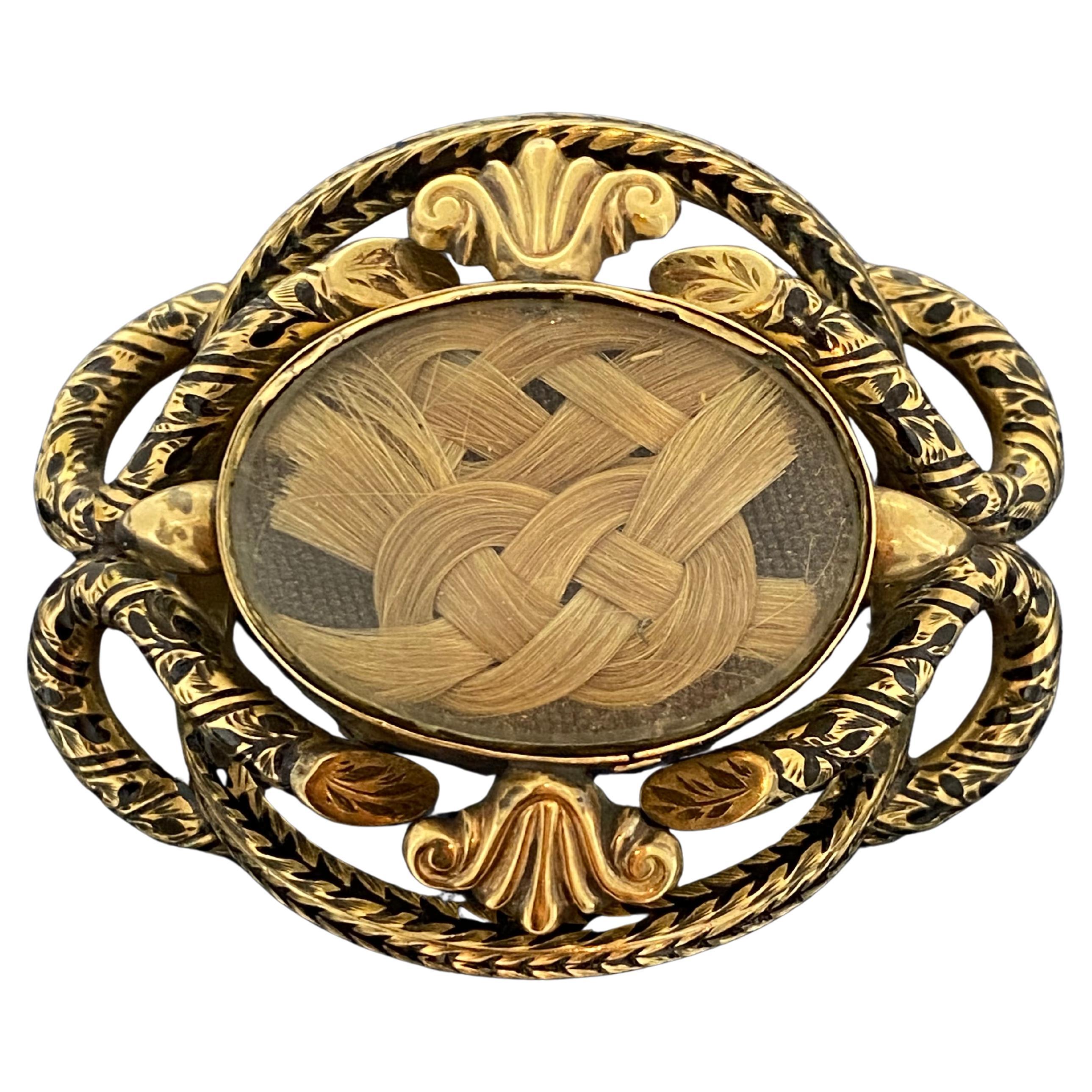 Victorian Mourning (Memorial) Gold-Filled Black Enamel Brooch w Plaited Hair