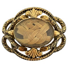 Victorian Mourning (Memorial) Gold-Filled Black Enamel Brooch w Plaited Hair
